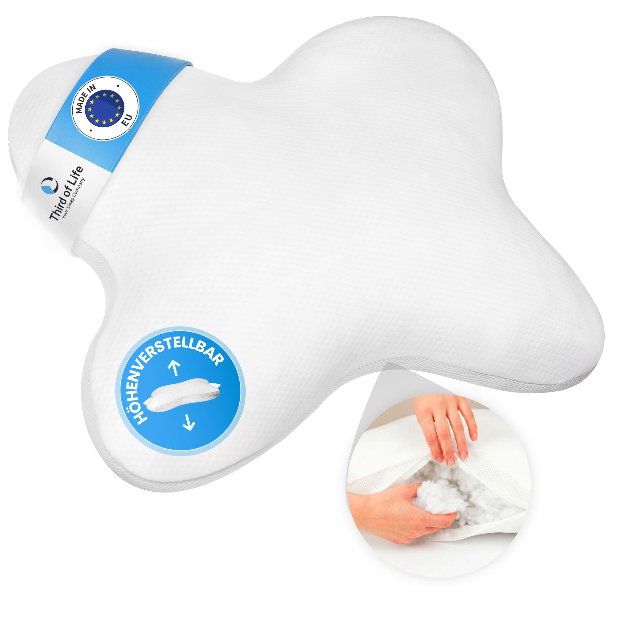 Third of Life Almohada Mariposa Ajustable en Altura para Dormir de Lado, cómoda y ergonómica, con Relleno Suave de Fibras Huecas y Tejido Transpirable con Mesh, fácil de Lavar, Hecha en Europa
