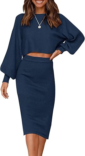 Miniatura 1 de ZESICA Conjunto casual de dos piezas para mujer, de manga larga, punto acanalado, falda media, suéter de gran tamaño