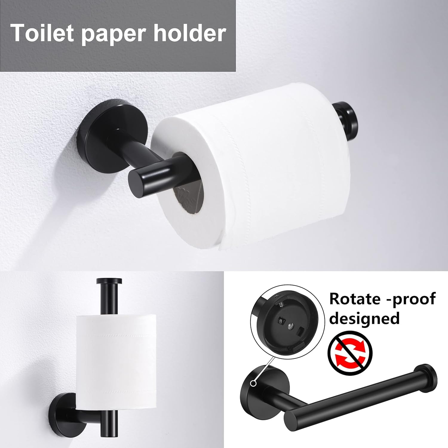 Lot de 6 accessoires de salle de bain noir mat 60 x 5,1 cm, 2 crochets porte-serviettes, 2 pièces en acier inoxydable SUS 304, très résistant, montage mural