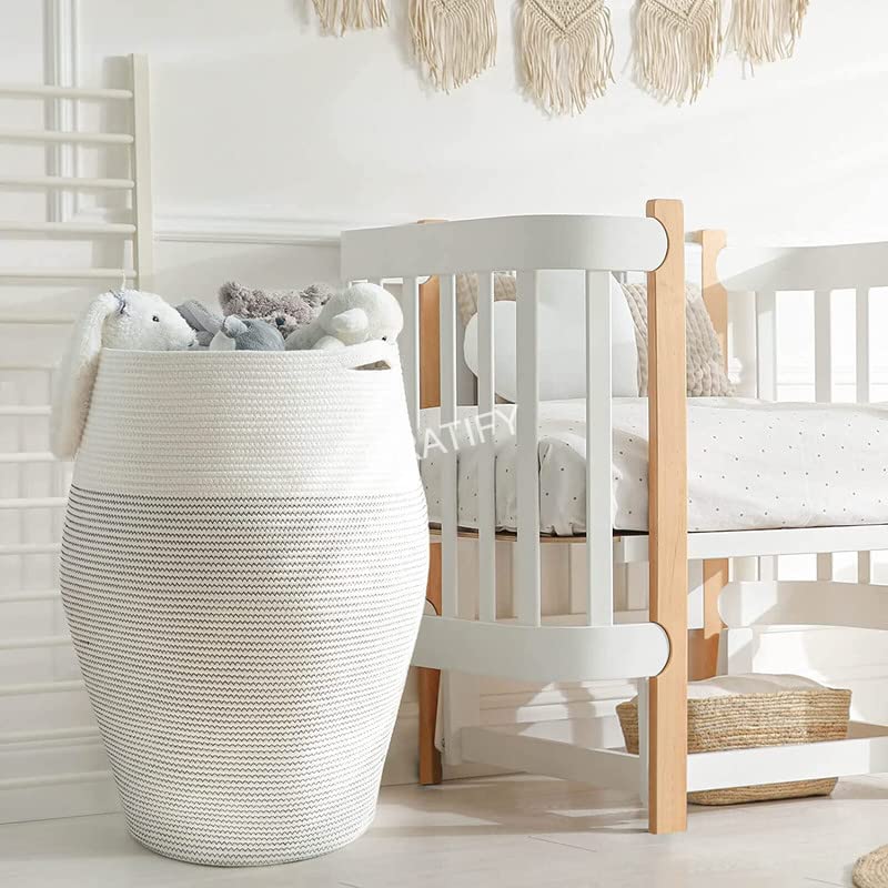 Image of GRATIFY Tall Laundry Hamper | Woven Jute Rope Dirty Clothes Hamper Modern Hamper Basket Large in Laundry Room, ( Black & White 18x 16 Inch)