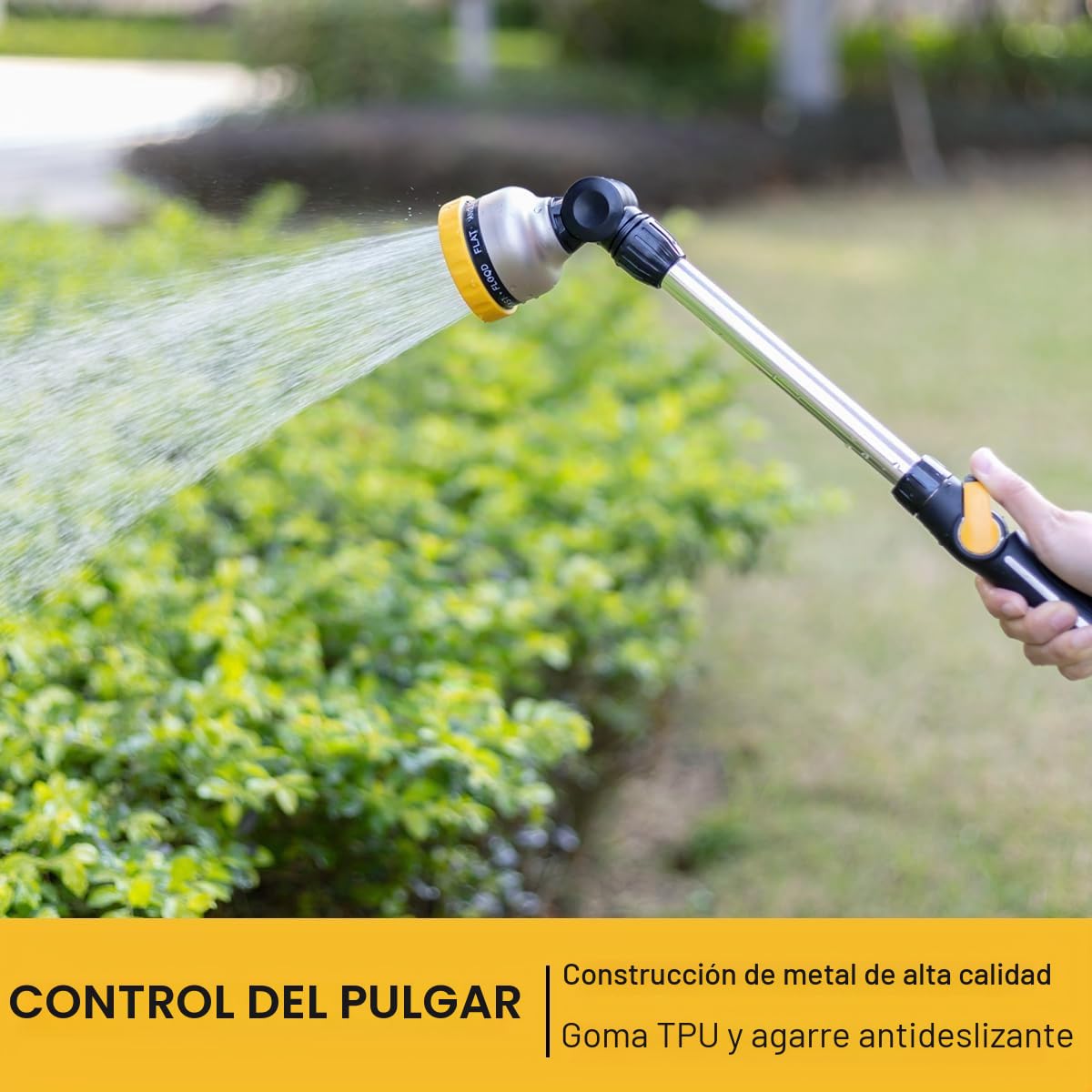 FANHAO Pistola de Riego Metálica, Largo Pistola de Agua para Jardín, 9 Modos Ajustables, Pistola de Manguera con Interruptor de Pulgar para Riego de Césped -Amarillo