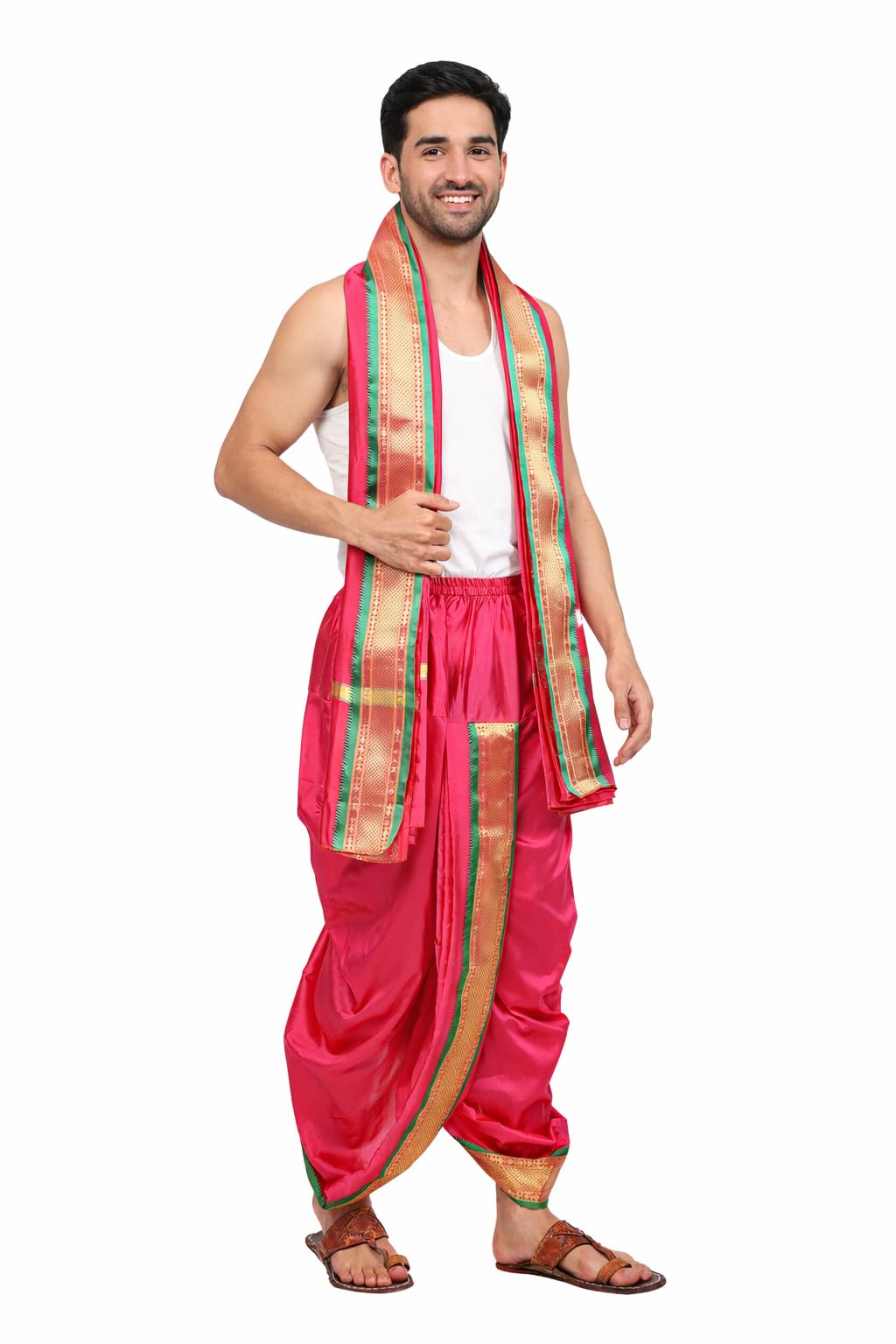 pure prayer Readymade Dhoti for Men Silk | Ready to Wear Velcro/Elastic Veshti Pancha | South Indian Traditional Mundu | Temple, Pooja & Sabarimala Dress | White/Colour-picture-49