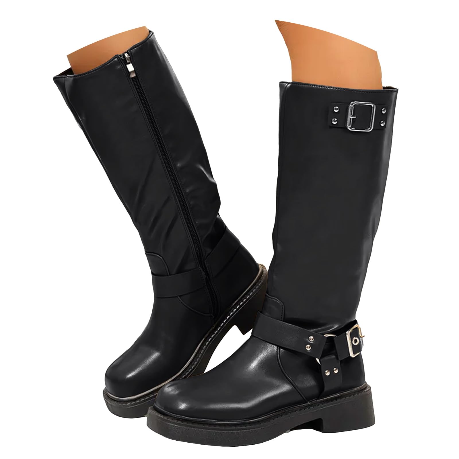 Women Knee High Riding Boots Wide Calf Leather Platforms Buckle Strap Chunky Heel Motorcycle Booties Square Toe Side