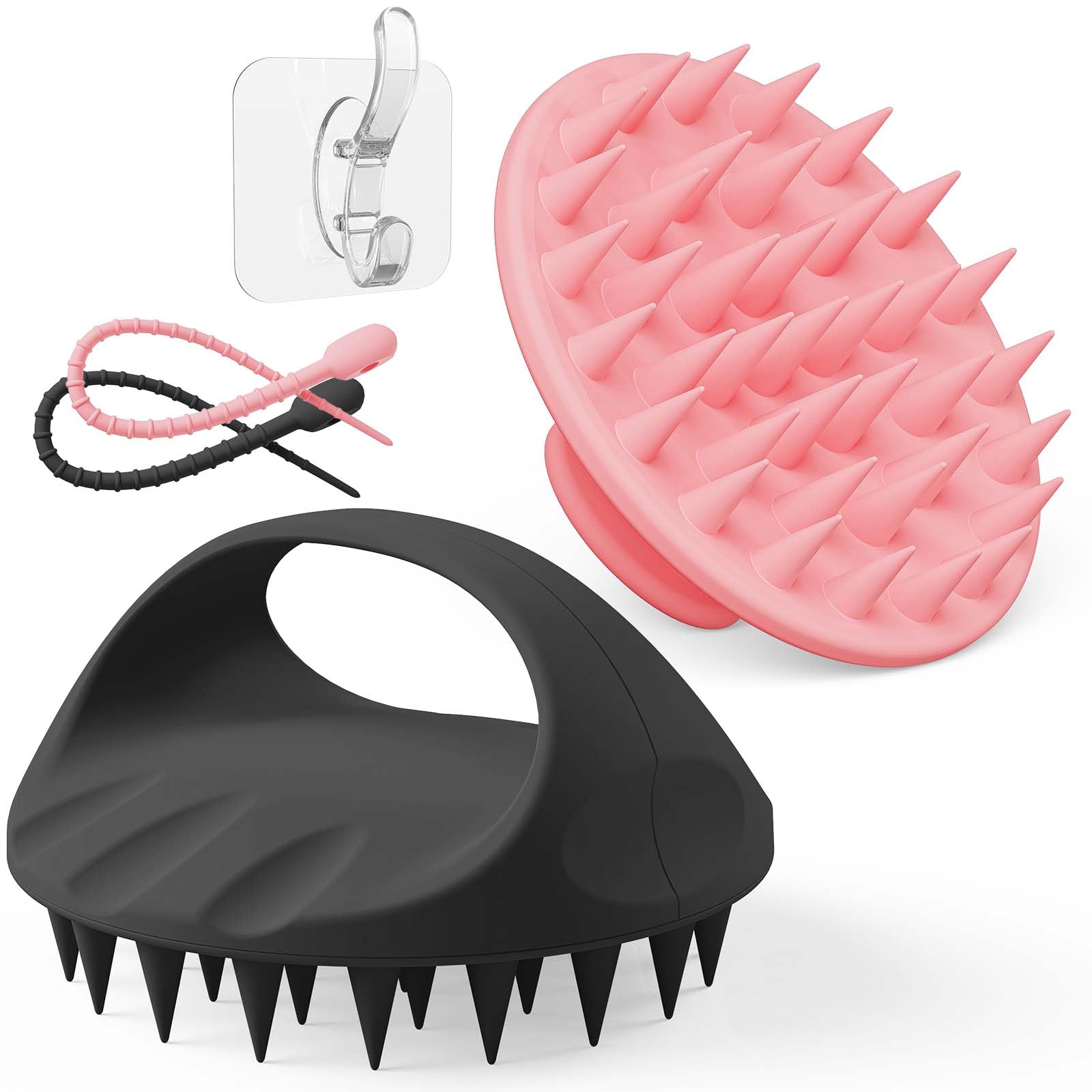 ManmihealthLarge Hair Scalp Scrubber, One-piece Silicone Scalp Massager for Wet Dry, Long Bristles Shampoo Brush for Dandruff Removal and Hair Growth with Free Strap&Hook.(Pink+Black)