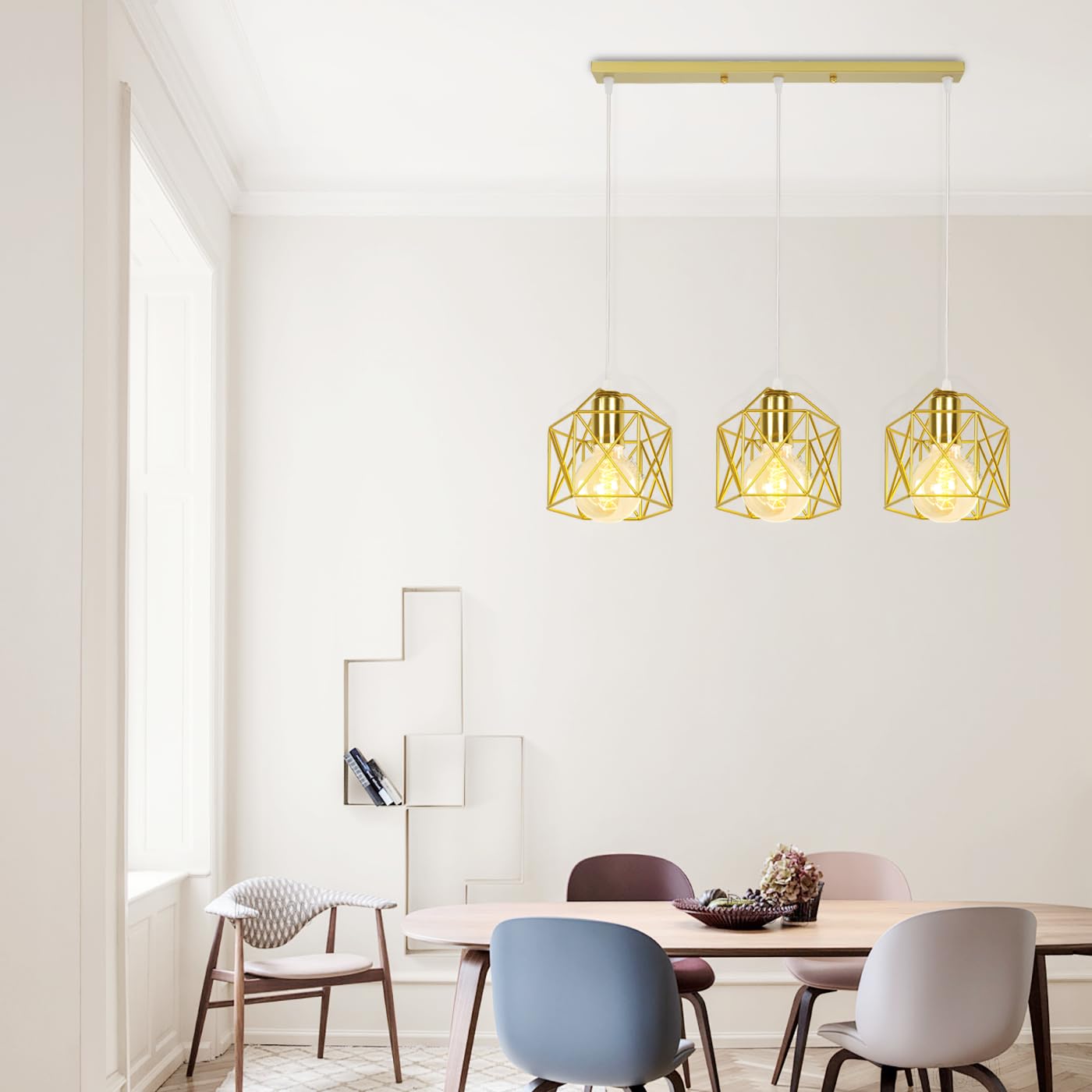 Lampadario a Sospensione Vintage 3 Luci Industriale E27 Plafoniera Retro in Metallo gabbia Lampada da soffitto per Cucina Salotto (Oro - con una barra)