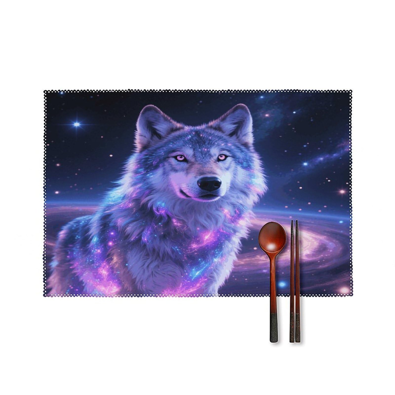 Galaxy Wolf Placemats Set of 4 Heat Resistant Non-Slip Place Mats for Dining Table Washable Placemat Wipeable Dining Table Mat Canvas Place Mats Dining Table Decor