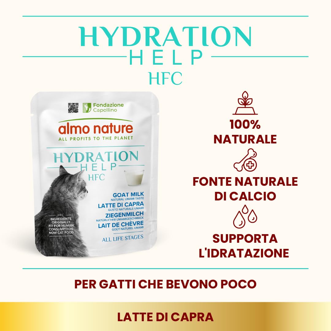 Almo Nature HFC Hydration Help, Alimento Umido per Gatti - Latte di Capra - Human-Grade, Gluten-Free, Grain-Free, Monoproteico - 50g, Confezione da 24