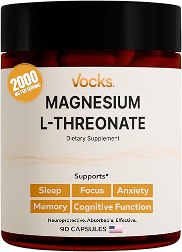 Vocks Magnesio L Threonate, Sueño y Apoyo Cognitivo Alta Absorción La Forma Más Biodisponible de Magnesio 2,000 mg 90 Cápsulas
