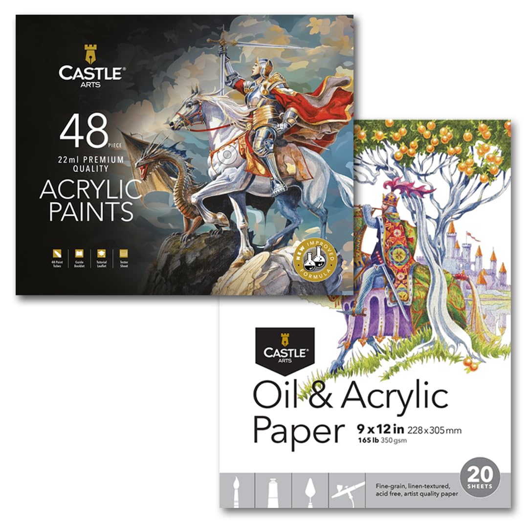 Castle Arts 48 Acrylic Paint Set & Oil & Acrylic Paper Pad 9 x 12in Bundle