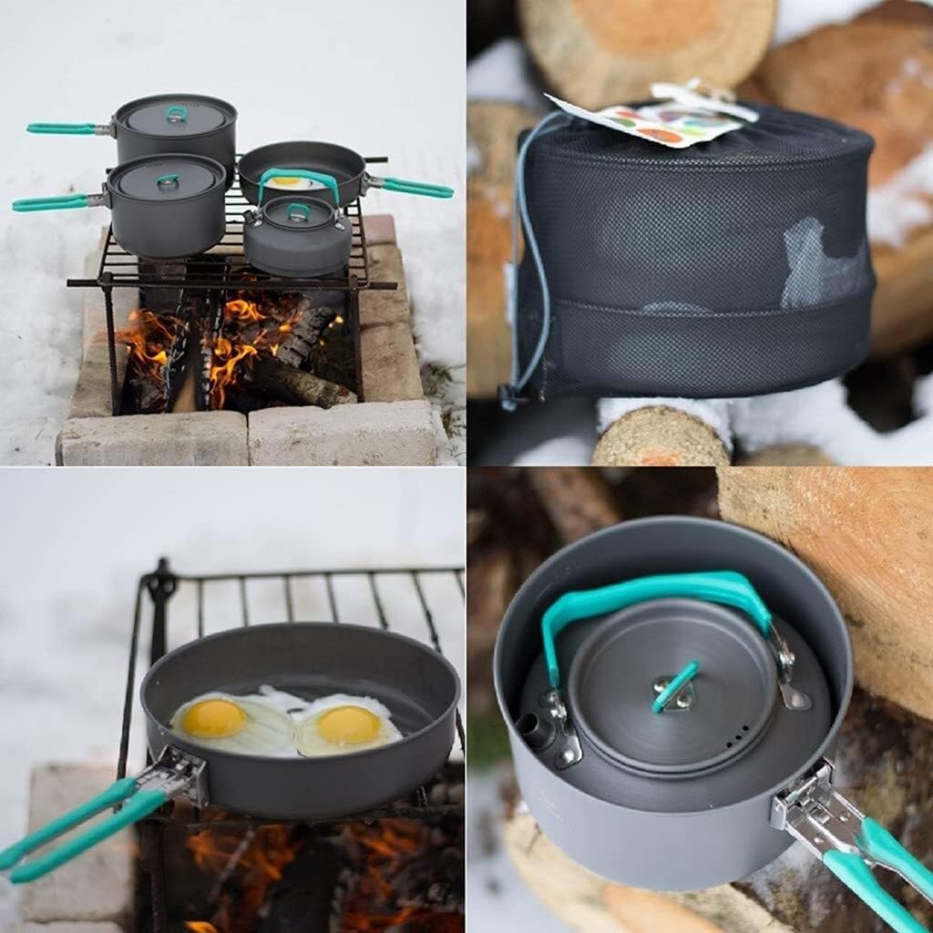 Zestaw Naczyń Kempingowych, Outdoor Camping Zestaw Stołowy Piknik Z Plecakiem 2 Garnki 1 Patelnia Czajnik Trwałe Naczynia Kuchenne Tlenku Glinu Niezbędnik