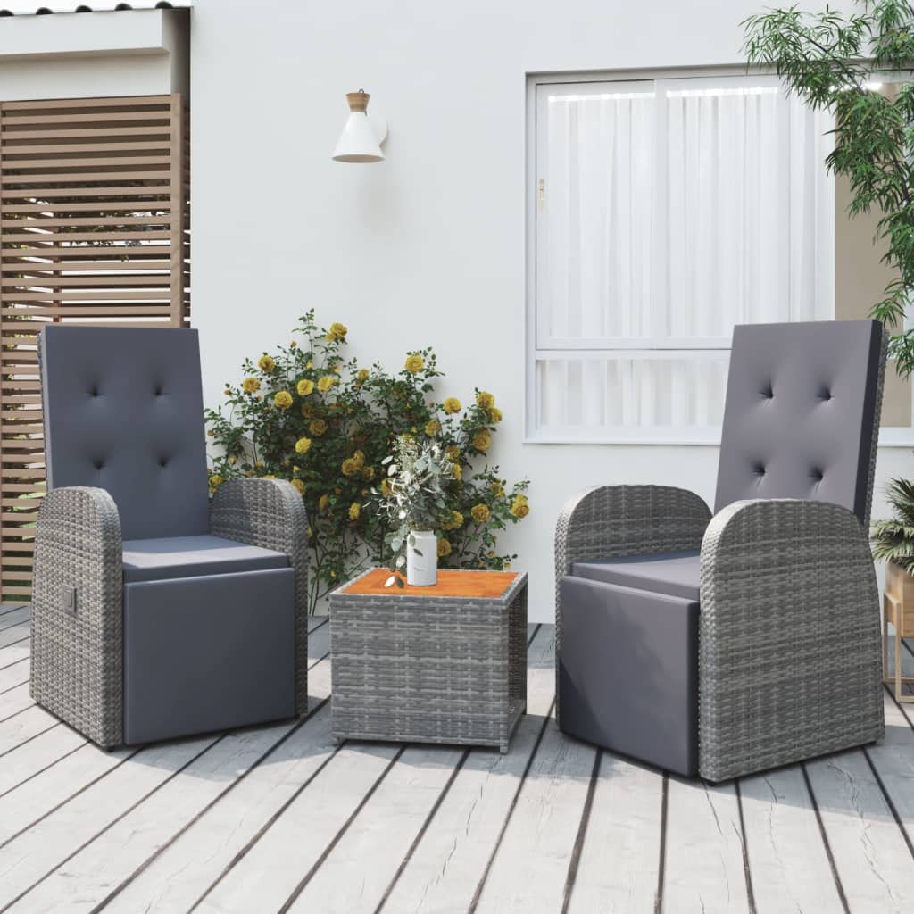 Juego de 3 sillas de jardín con respaldo ajustable y reposapiés, acolchado grueso, tablero de madera de acacia maciza, color gris