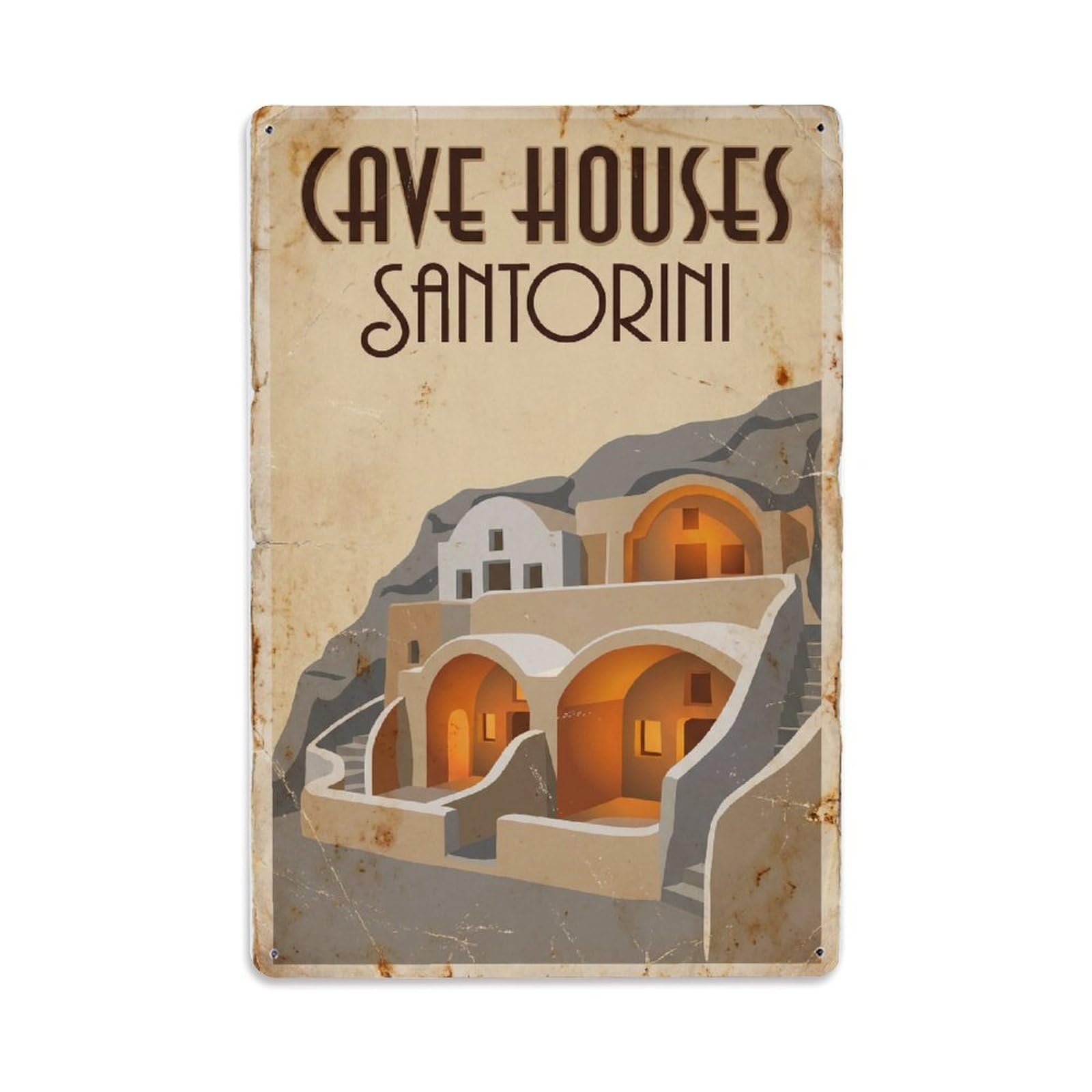 Vintage Travel Santorini Cave Houses Metal Tin Sign