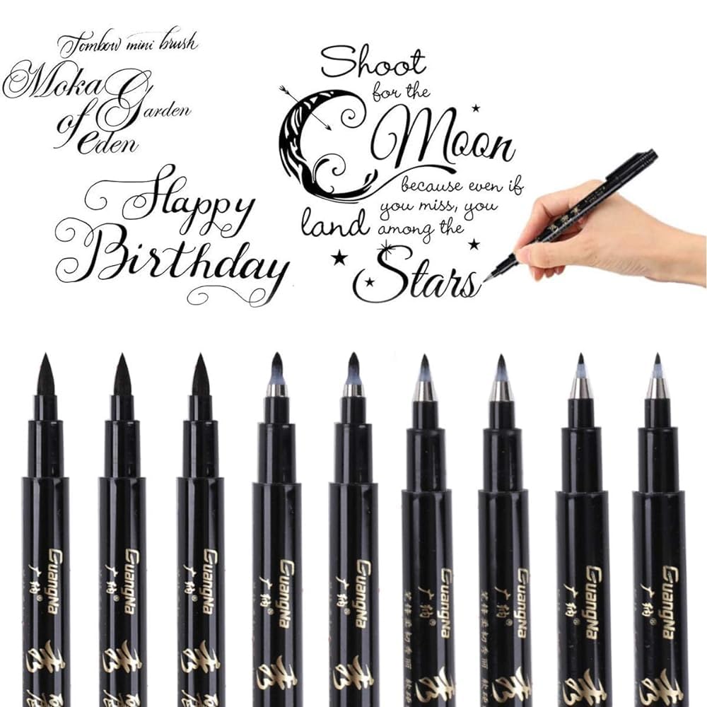Rotuladores para caligrafía, 9 unidades, punta de pincel, para escritura, diario de principantes, firma, rotulación y diseño (4 tamaños), negro