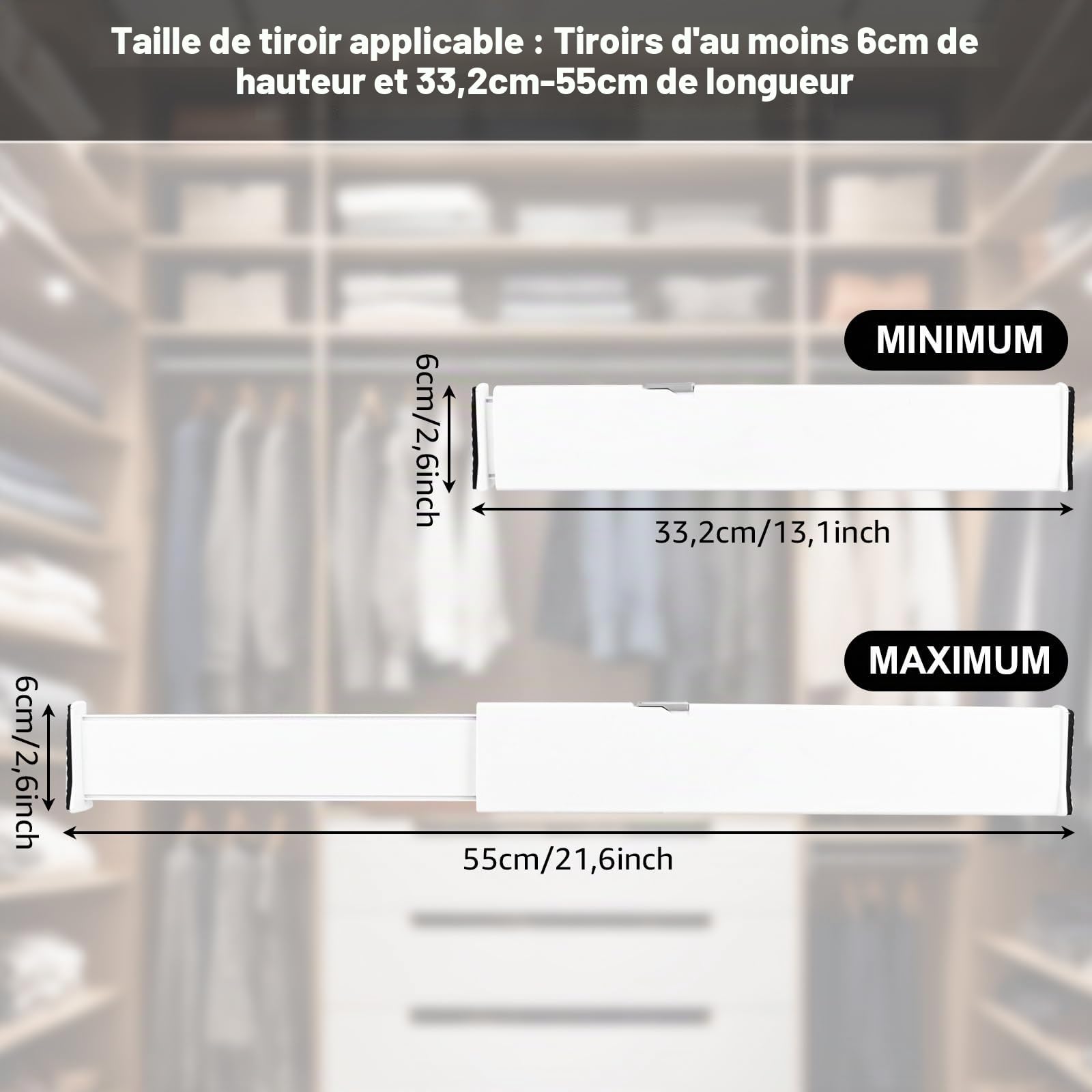 DAJAVE 6Pcs Ensemble de SéParateurs De Tiroirs RéGlables 6 cm de Hauteur, 33,2 à 55 cm Organisateurs De Tiroirs Ajustables, Séparateurs de tiroirs de cuisine pour cuisine, commode, chambre à coucher