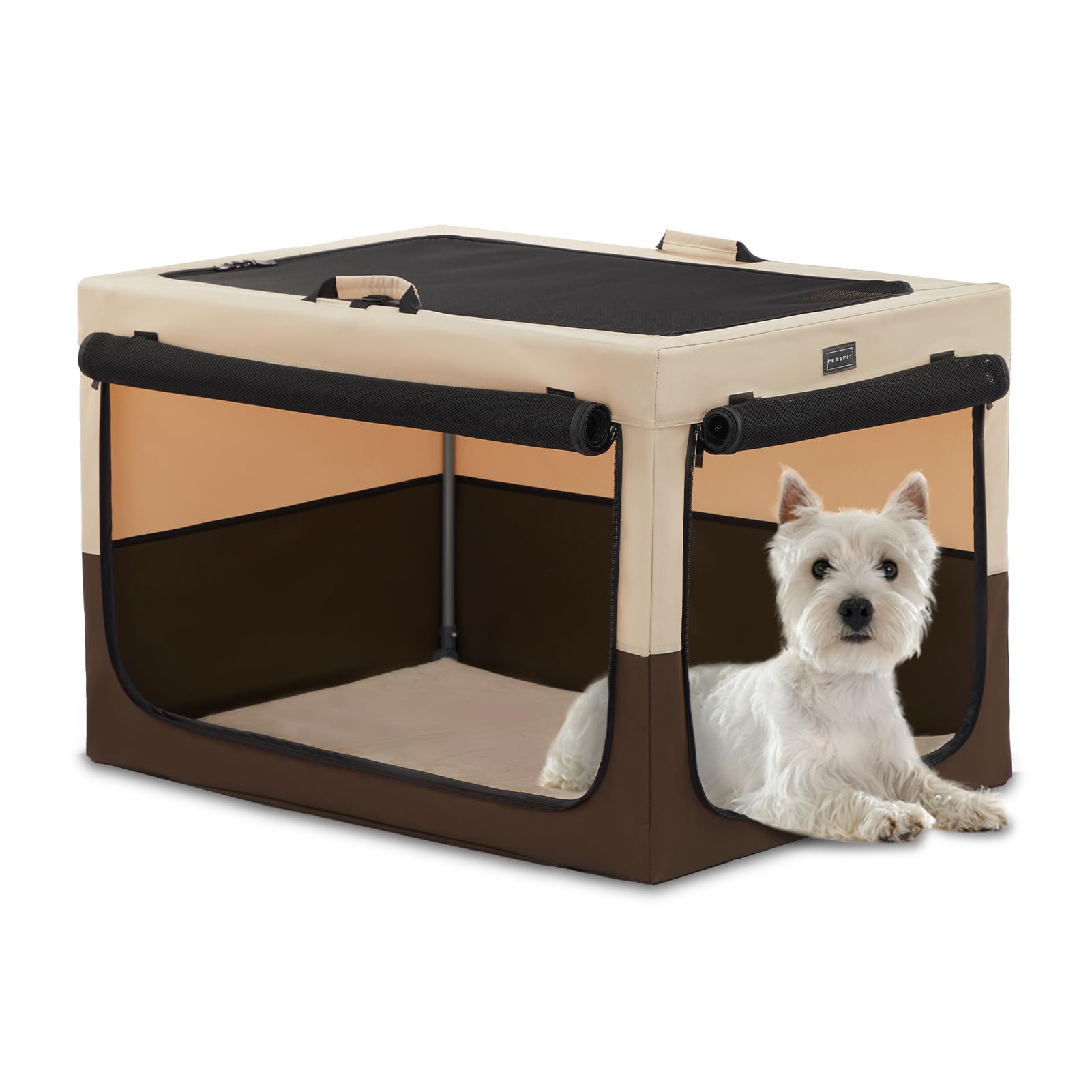 Petsfit trasportino per cani, design strutturale regolabile, Cuccia per cane per auto pieghevole, con tappetino spesso per interno e esterno,Marrone, 61x46x43CM