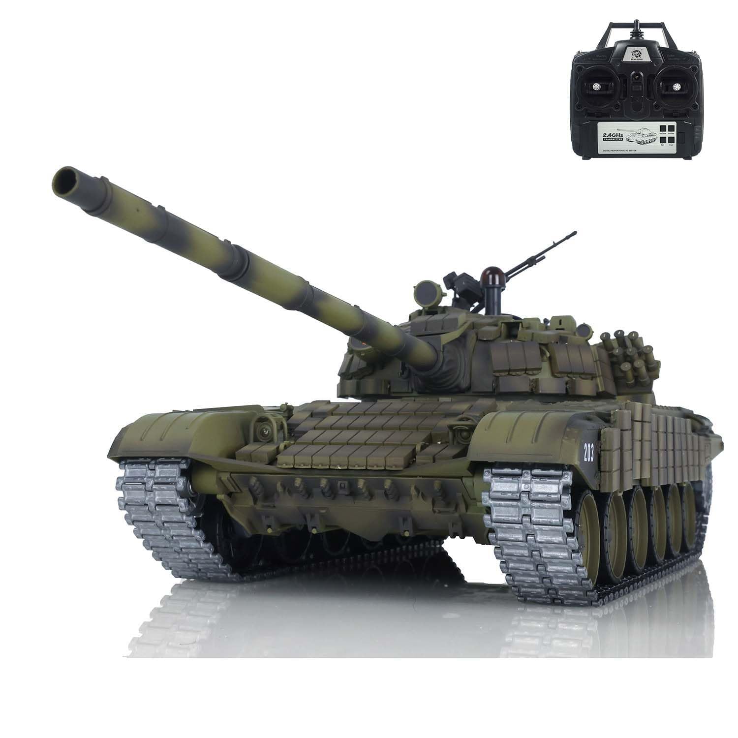 wheelfun Heng Long 1/16 RC Panzer 7.0 Upgraded Version T72 3939 Metall Kampffahrzeug 340° Drehbarer Turm Metallschienen Raucheinheit Infrarot Kampf Heben Barrel Licht Sound BB Schießen Airsoft Panzer
