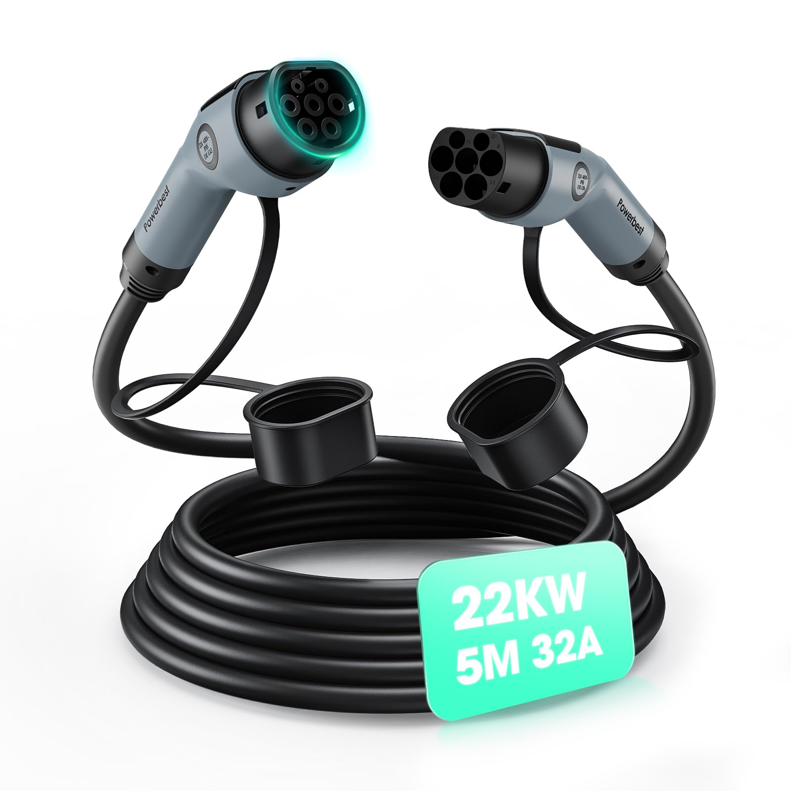 Typ-2-Ladekabel, 22KW 5M 32A Dreiphasiges E-Auto-Ladekabel Typ 2 auf Typ 2 Mode 3 für Elektro- und Hybridfahrzeuge – Kompatibel mit Model S/3/X/Y, e-Golf, ID.3, i3/i8