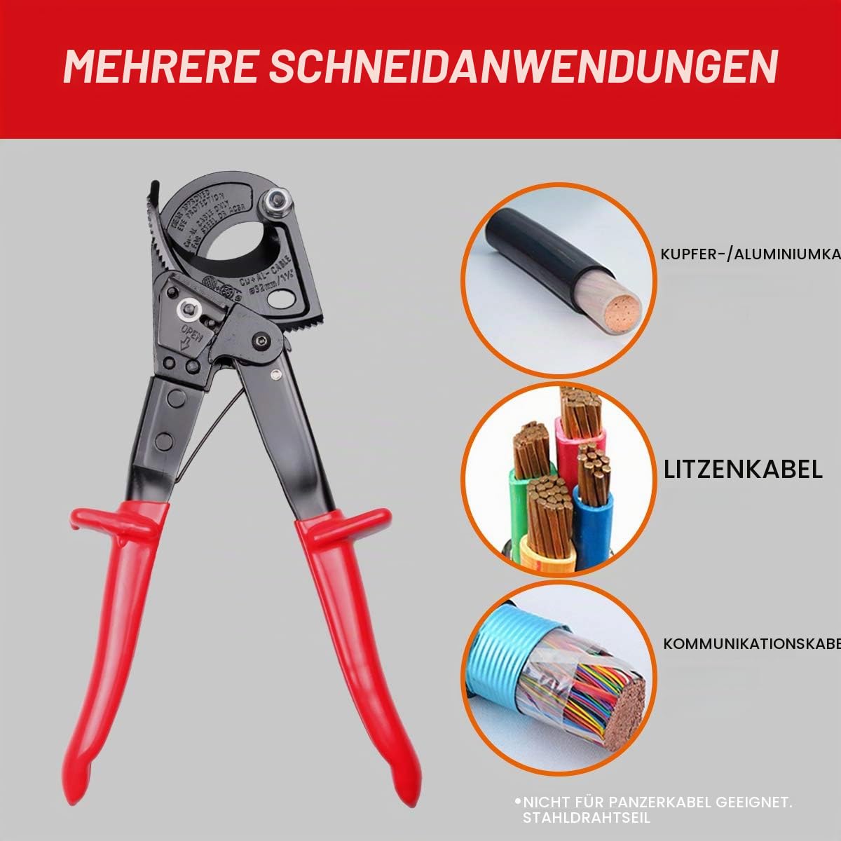 LUBAN Ratschenkabelschneider HS-325A, Kabelschneider zum Schneiden von Kupfer- und Aluminiumkabel bis zu 240 mm², Handwerkzeug mit Ratschenprinzip, Drahtkabelschneider, Ratschenschneider