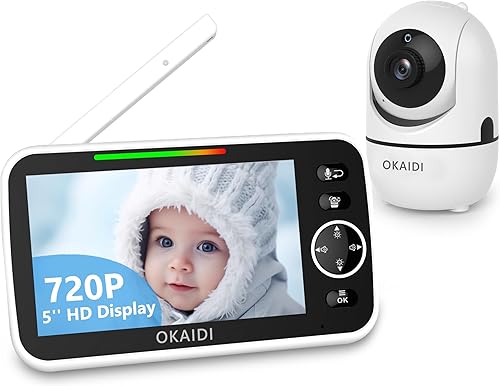 OKAIDI Monitor de bebé HD de 5 pulgadas con cámara y audio, pantalla de 720P, batería de 5000 mAh, panorámica e inclinación remota, zoom 3X, visión