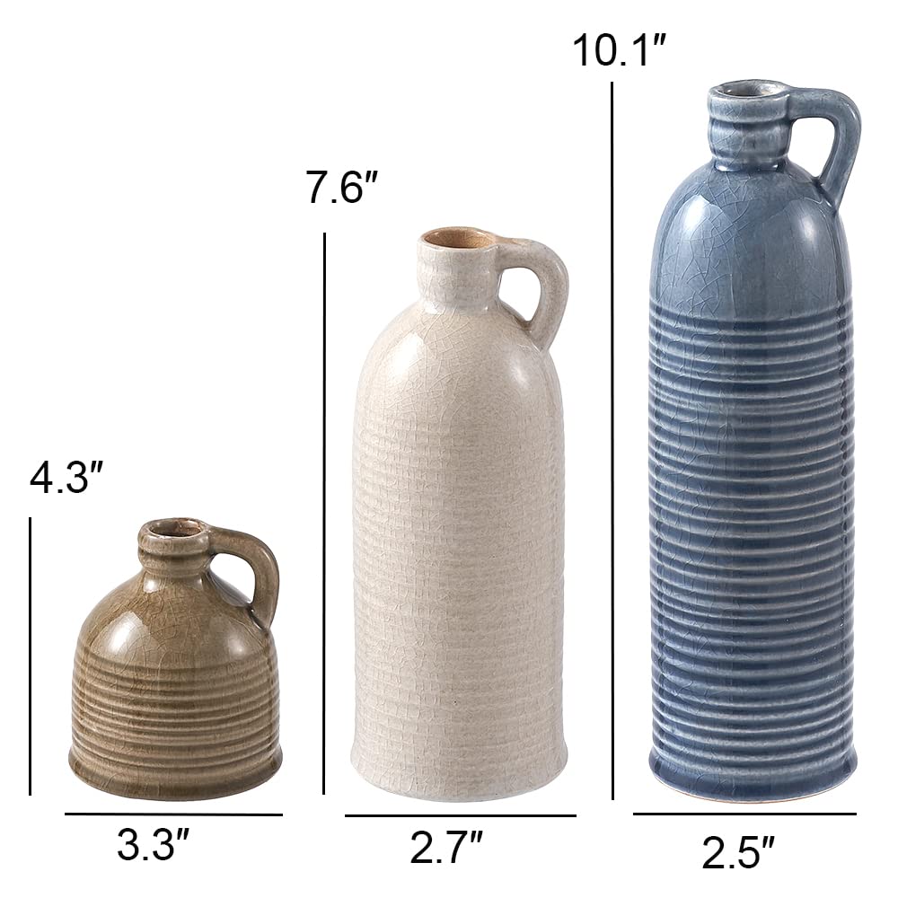Ceramic Vase Set of 3 for Home Decor, Multicolor Vases Bulk with Handles for Flowers, Pampas Grass, Table, Centerpieces, Living Room, Kitchen Farmhouse DÃ©cor and Fireplace Decor
