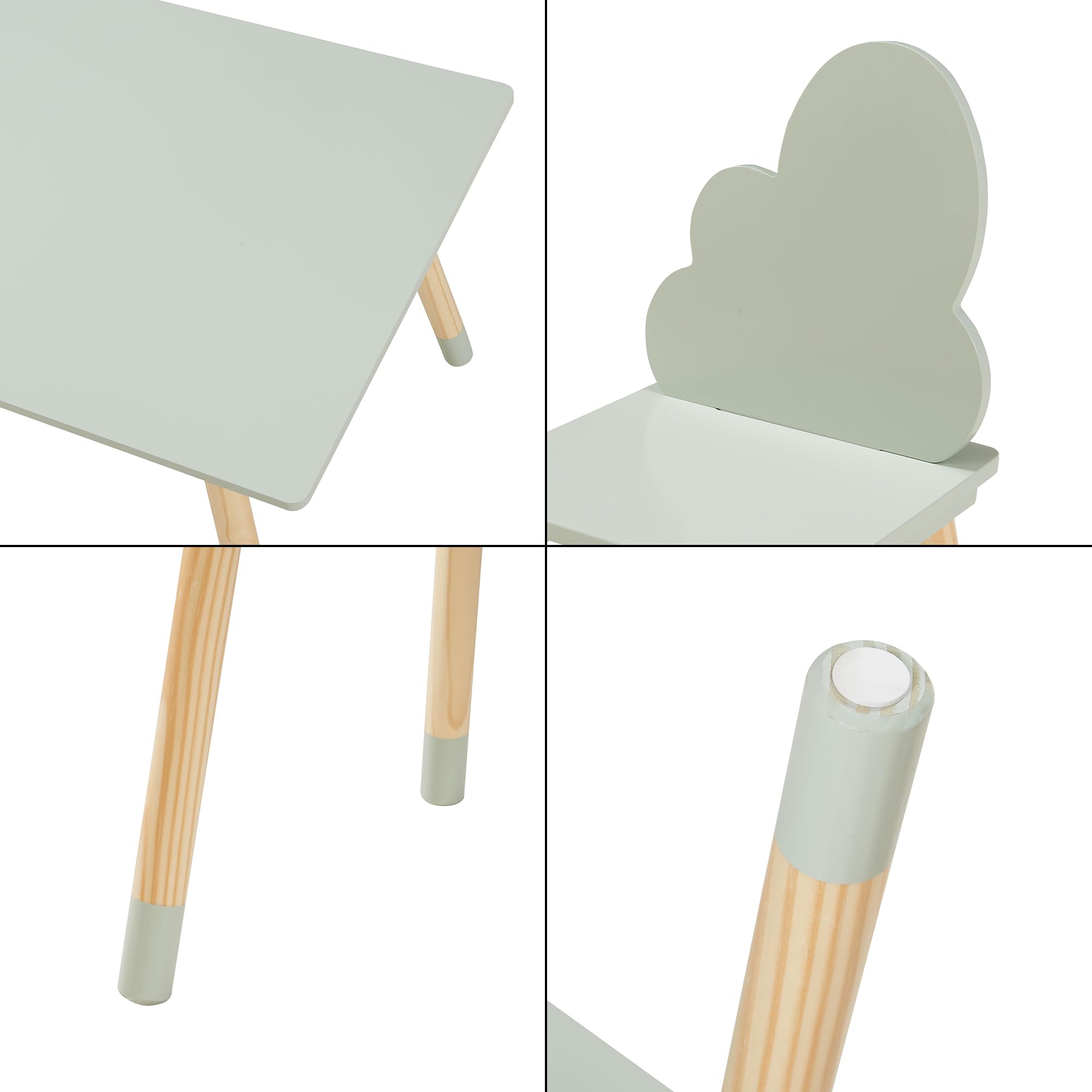 [en.casa] Set di 3 Mobili per Bambini Tavolino e 2 Sedie con Schienale a Forma di Nuvola per Cameretta Area Gioco Tavolo Rettangolare a Misura di Bimbi - Verde Menta/Naturale