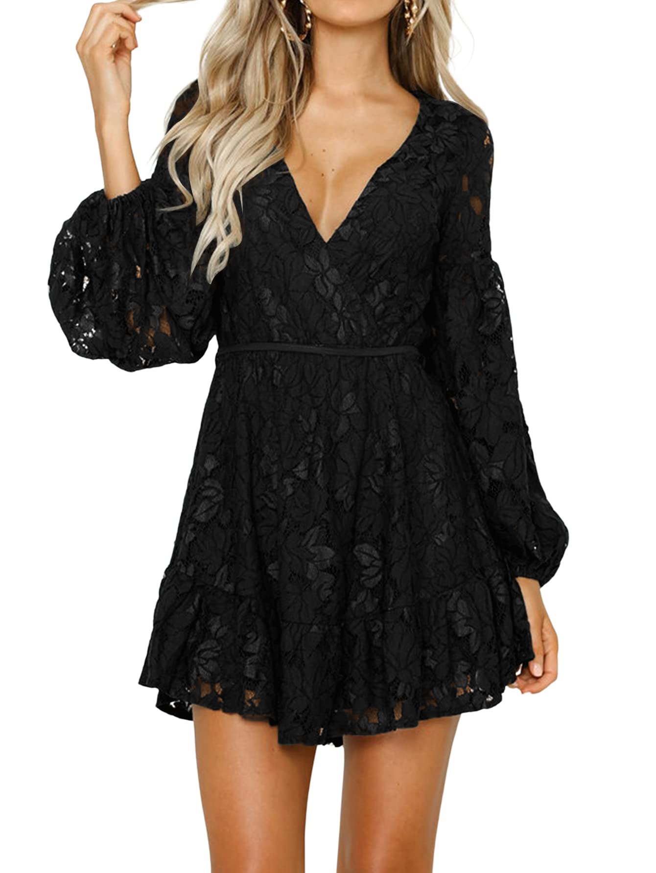 V Neck Open Back Sequined Floral Tie A Line Mini Dress