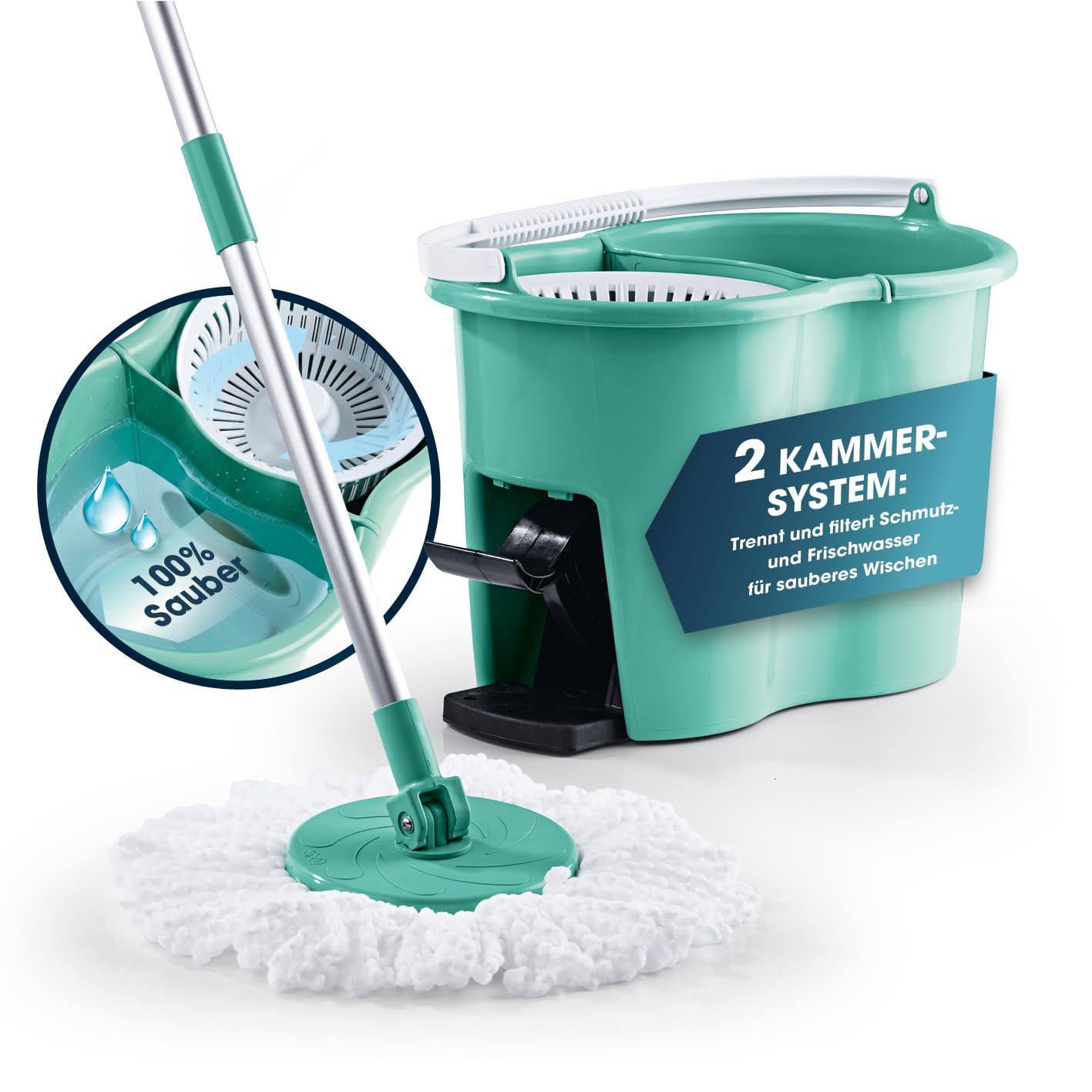 CLEANmaxx Power-Wischmopp mit Zwei-Kammer-Filtersystem | Designed in Deutschland - Schmutzwasser wird gefiltert, leichtes Auswringen für streifenfreie Sauberkeit | Ideal für Laminat, Parkett & Fliesen