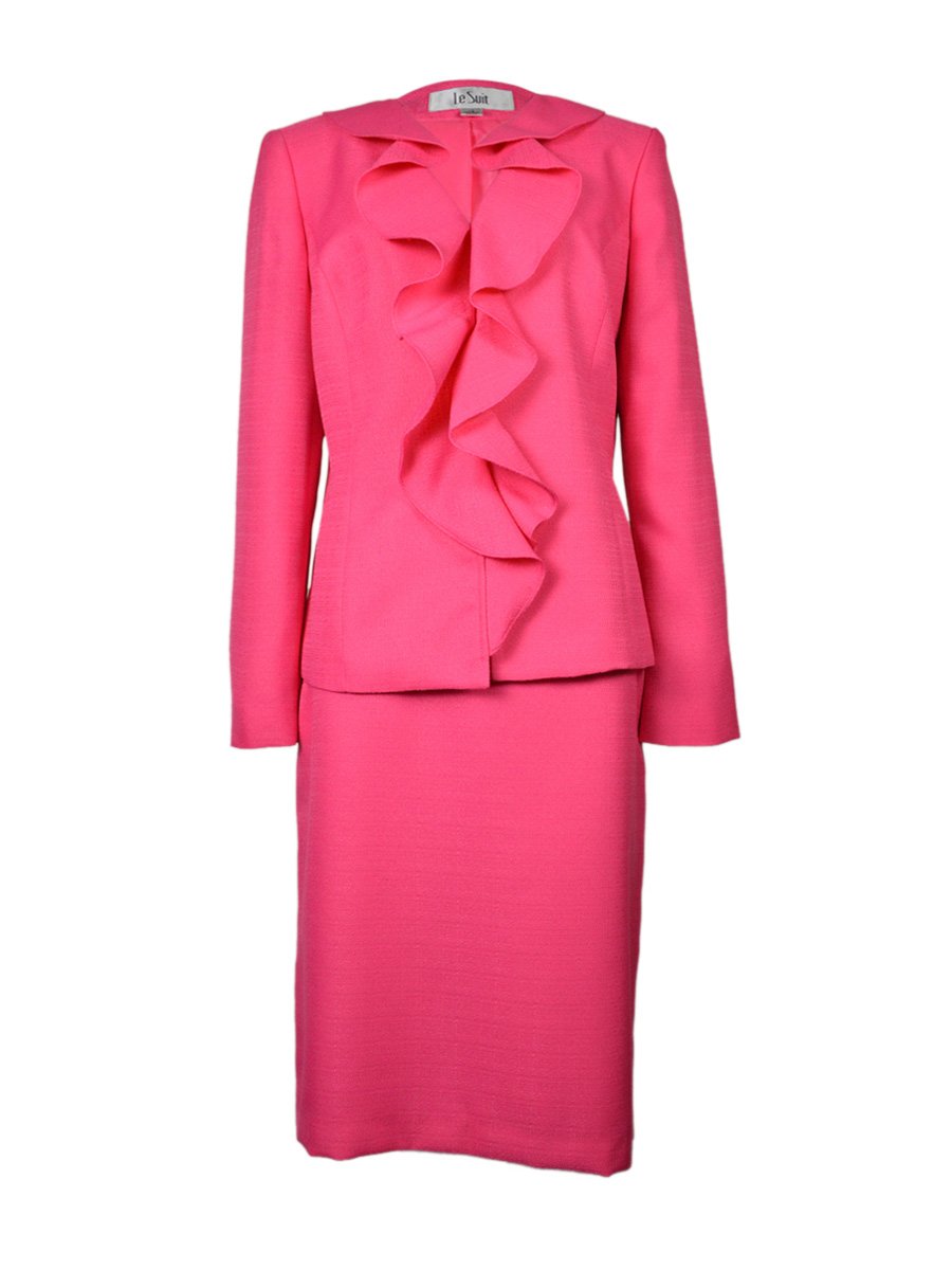 Le Suit Women's Ruffle Front Textured Weave Jacket and Skirt Suit Set
