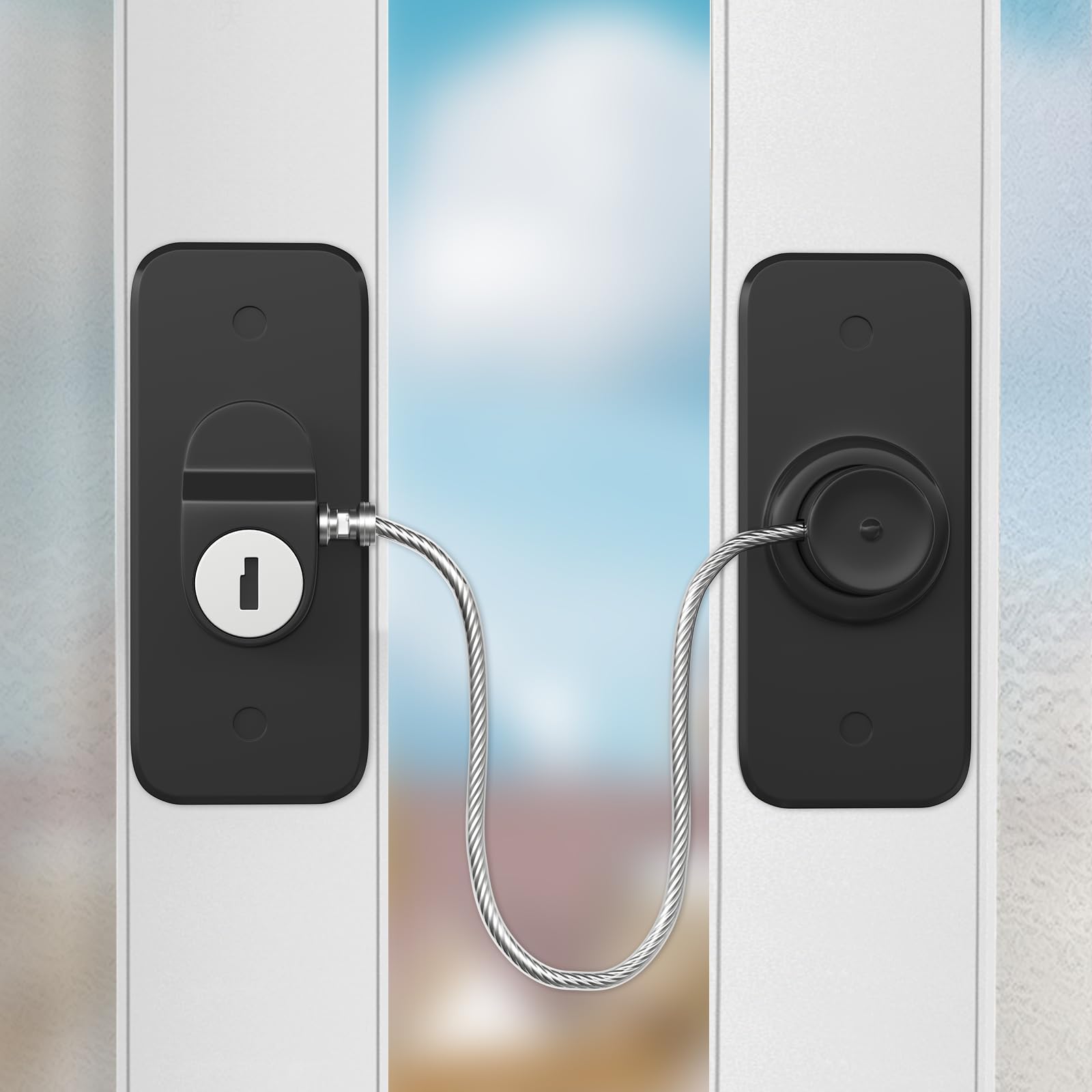 Window Safety Lock - Self-Adhesive, No Drilling Required, Versatile Restrictor for UPVC Windows, Keyed Refrigerator Lock, Child and Pet Safety Cable Lock, Durable and Childproof (Black)