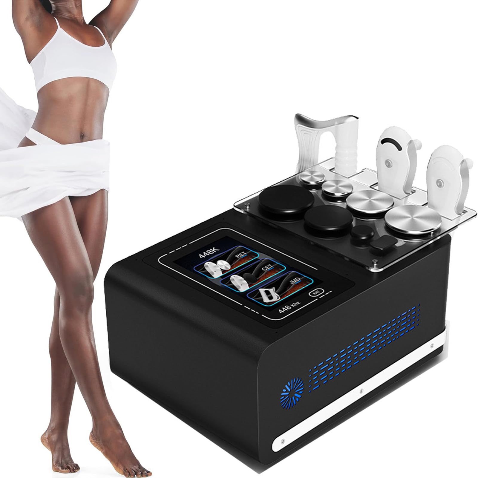 Apparecchiatura Professionale per radiofrequenza 448k per Lifting RF, Perdita di Peso e modellamento del Corpo, con 3 Maniglie e 8 postazioni di Lavoro per trattamenti fisici Profondi Black