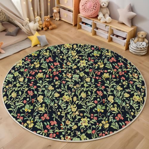 Tapis rond fleurs 60cm lavable en machine et antidérapant chic