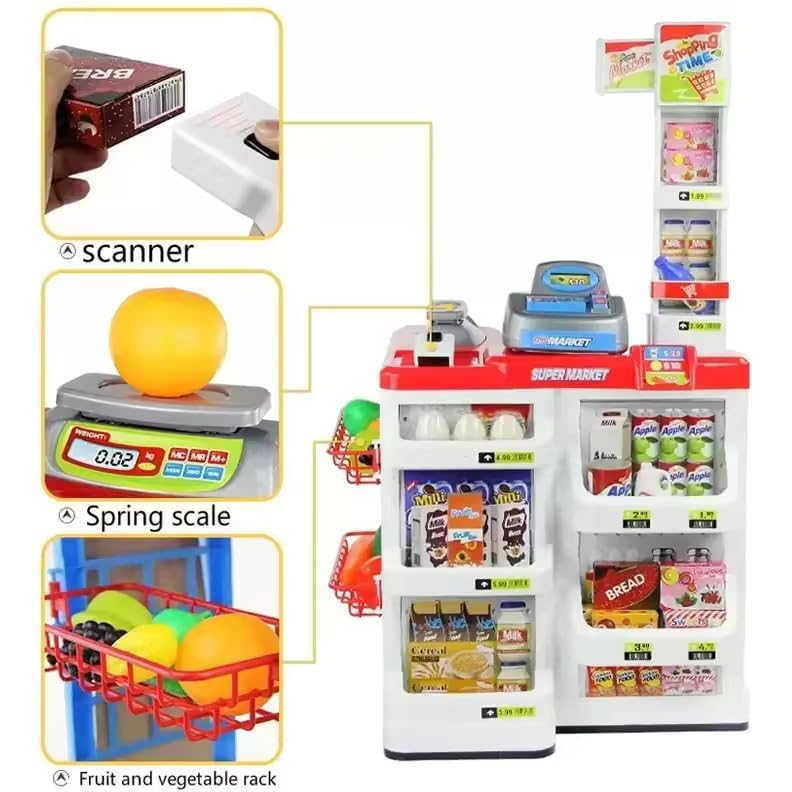 Image of Kids Supermarket Shopping Cart Toy Set, Age 3+ Years | Cash Register, Scanner, Basket, Pretend Grocery Food Accessories, Lights & Sounds