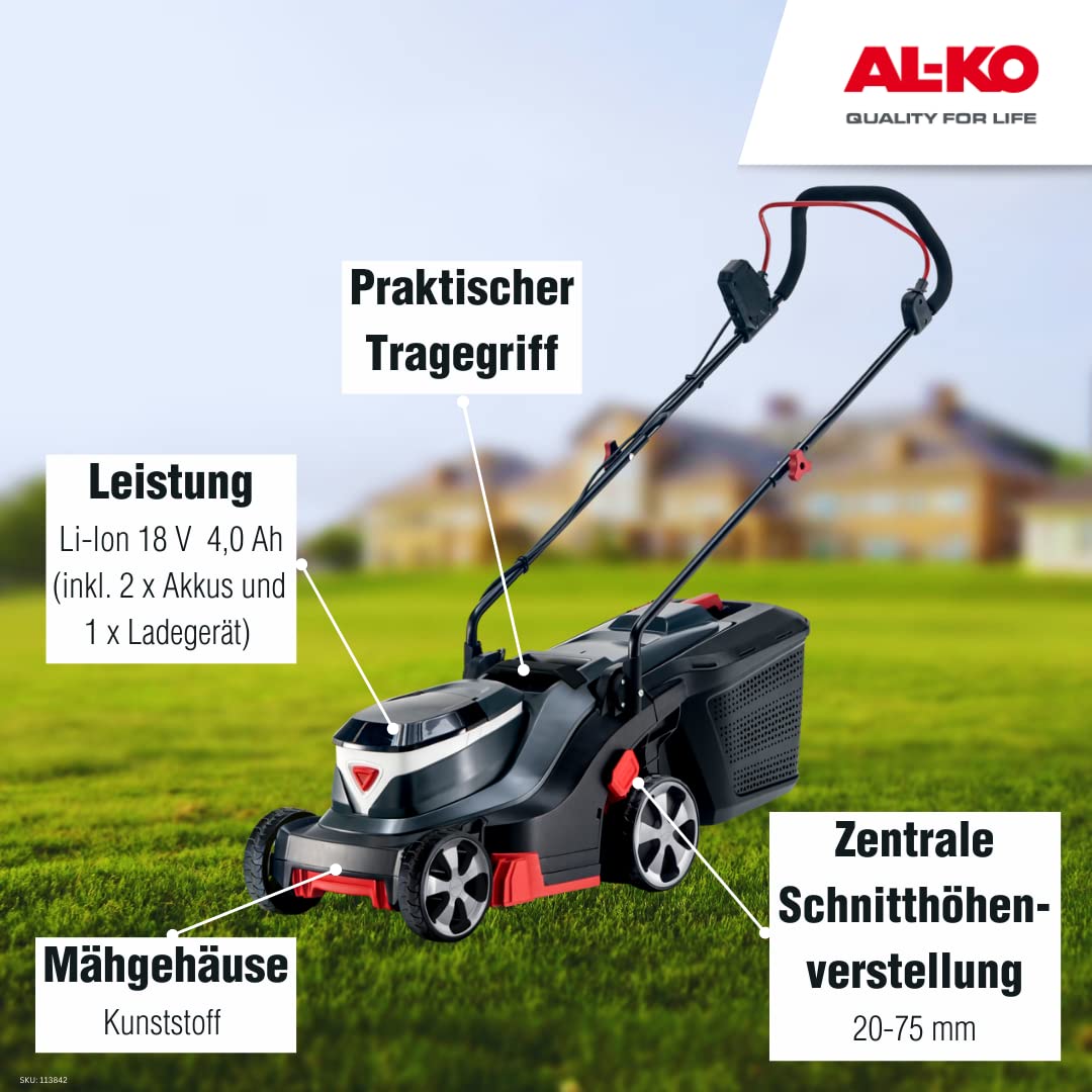 AL-KO Cortacésped inalámbrico 3.82 Li Easy, ancho de corte de 38 cm, compartimento para hasta 2 baterías de iones de litio de 18 V (2 baterías y cargador incluidos), para superficies de hasta 300 m²,