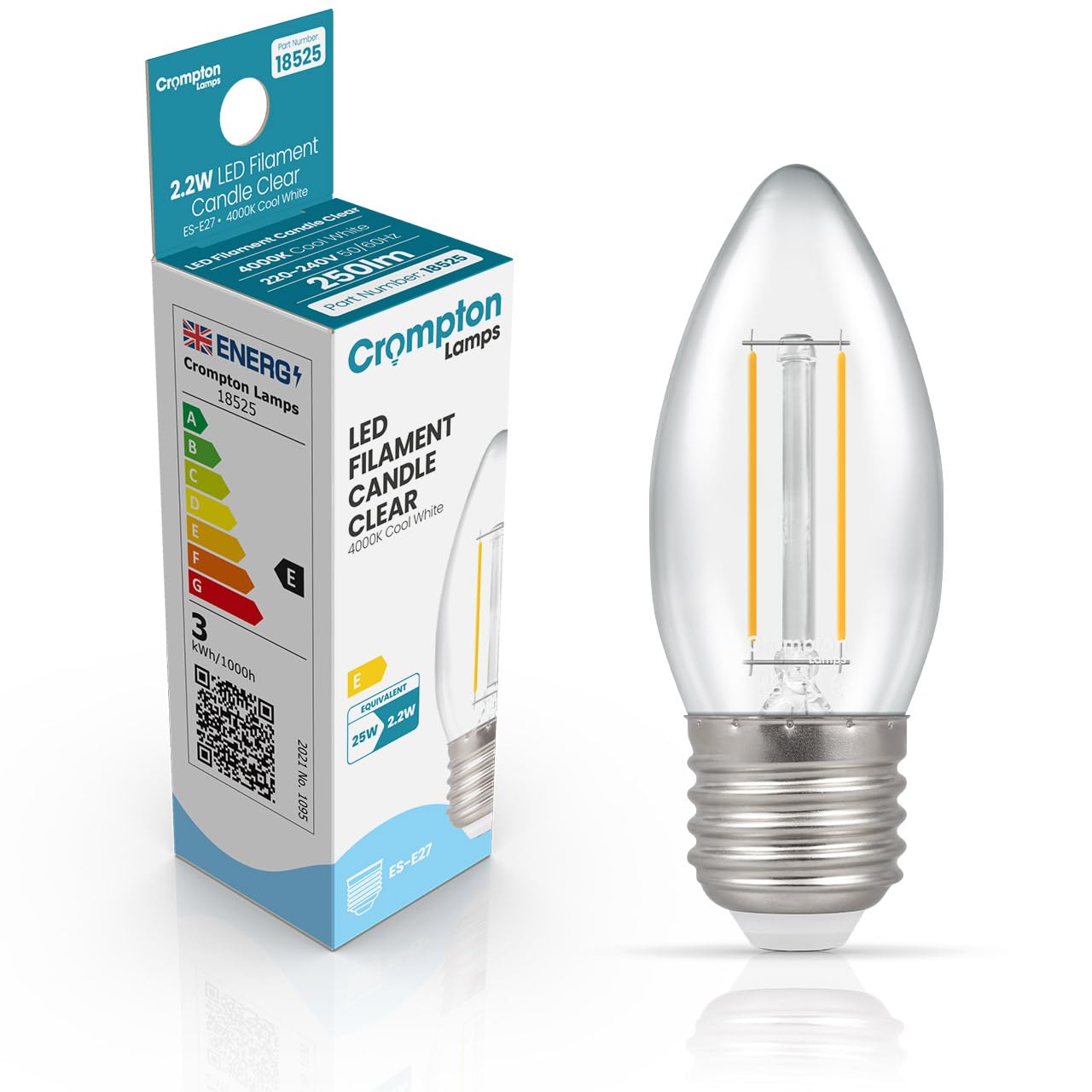 Crompton Lamps Filament Candle LED Light Bulb ES-E27 | 2.2W = 25W Equivalent | Cool White 4000K | Energy Efficient | Edison Screw Lightbulb | Long Life 15,000-Hrs | Clear Glass