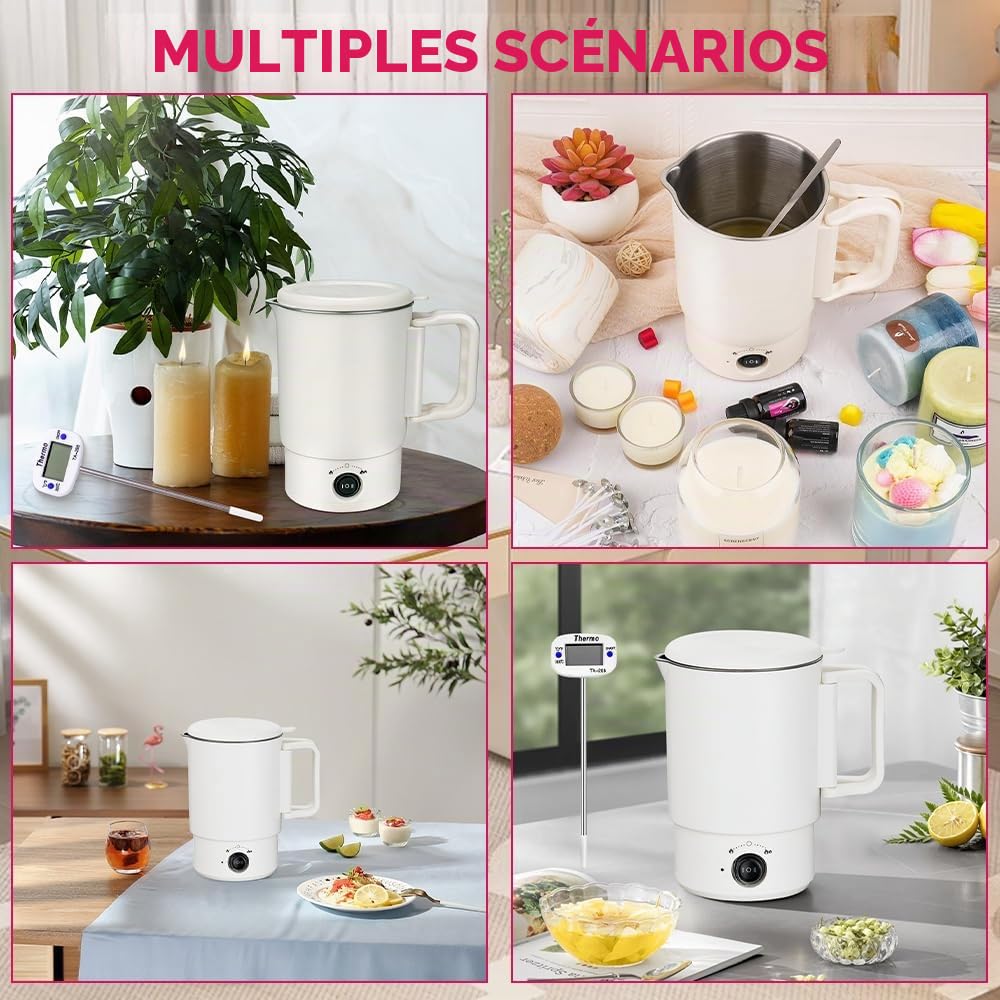 BIZOI Kit Fondoir Cire Bougie Electrique, Machine de Fonte Cire Bougie, 800ml Fondeur de cires pour la Fabrication de Bougies Inclut Thermomètre, Mèches, Autocollants, Supports et Cuillère de Mélange
