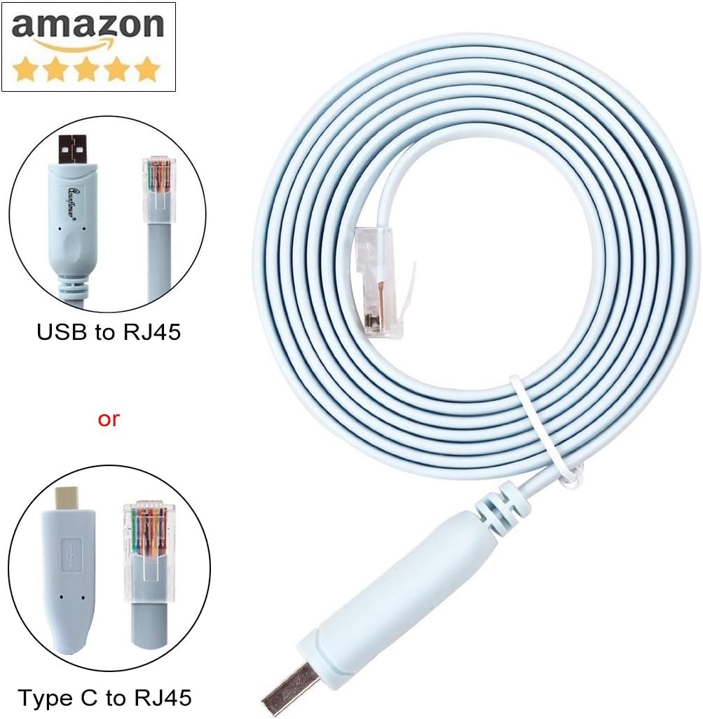 Asunflower 6Ft Ftdi USB to Serial / Rs232 Console Rollover Cable for Cisco Routers - Rj45