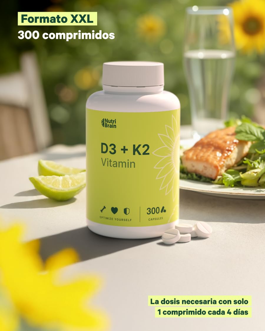 Vitamina D3 y K2 1000UI - 300 Comp - 10 Meses | Premium: MK-7 100% All-Trans Máxima Biodisponibilidad | Apoya Huesos, Sistema Inmune y Corazón