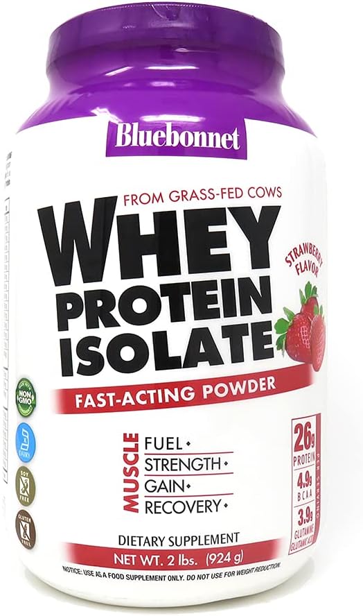 Bluebonnet Nutrition Whey Protein Isolate Powder, Whey From Grass Fed Cows, 26g of Protein, No Sugar Added, Non GMO, Gluten Free, Soy free, kosher Dairy