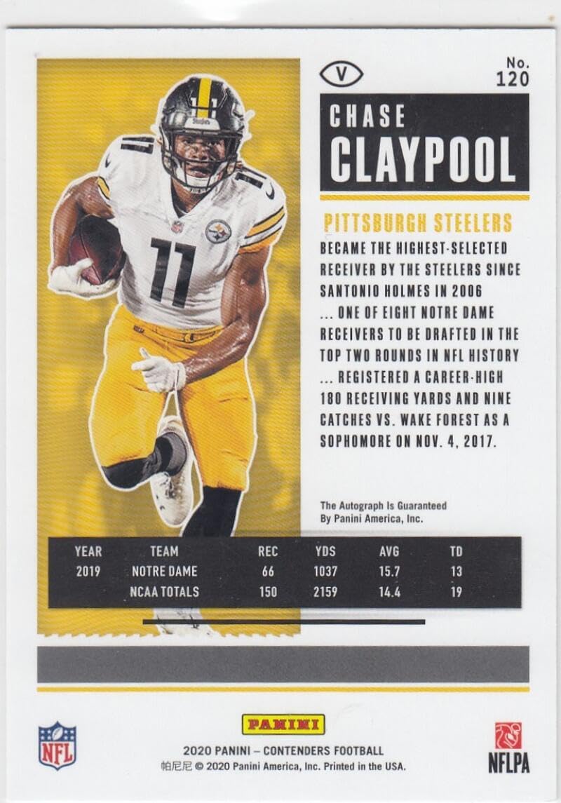 Football Trading Card NFL 2020 Panini Contenders Rookie Ticket Variation RPS #120 Chase Claypool NM Near Mint RC Rookie Steelers
