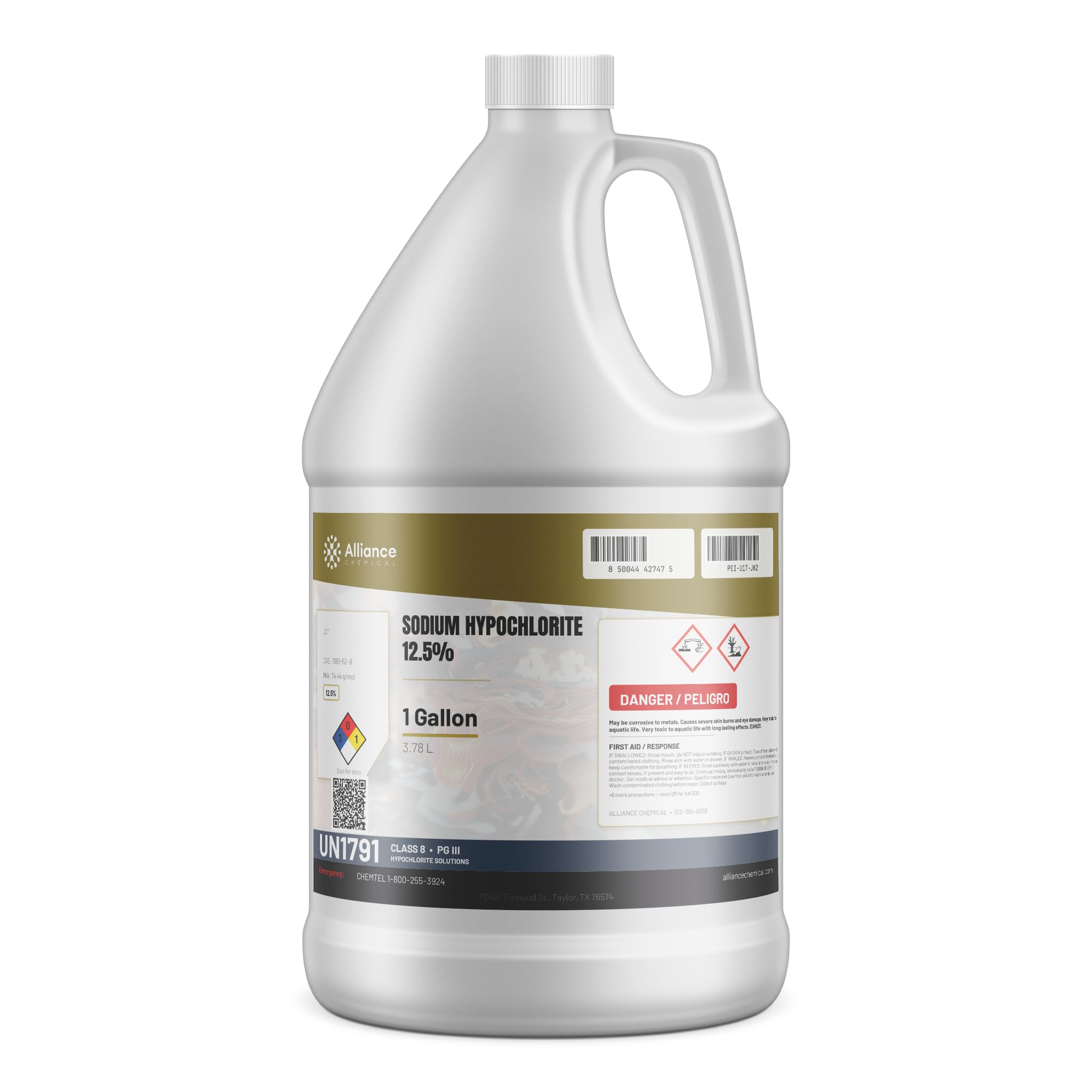 Alliance Chemical Sodium Hypochlorite 12.5% - 1 Gallon - Liquid Chlorine Concentrate for Water Treatment, Industrial Oxidation and Bleaching