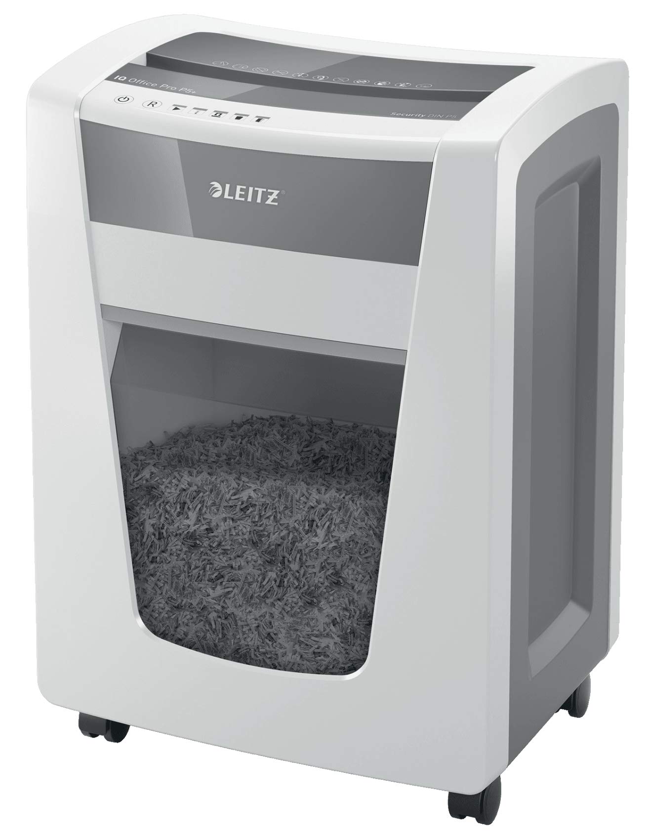 Leitz IQ Office Pro 80042000 - Distruggidocumenti CH, microtaglio, livello di sicurezza P5+, capacità 7 fogli, contenitore per rifiuti da 30 l, con spina svizzera, colore: Bianco
