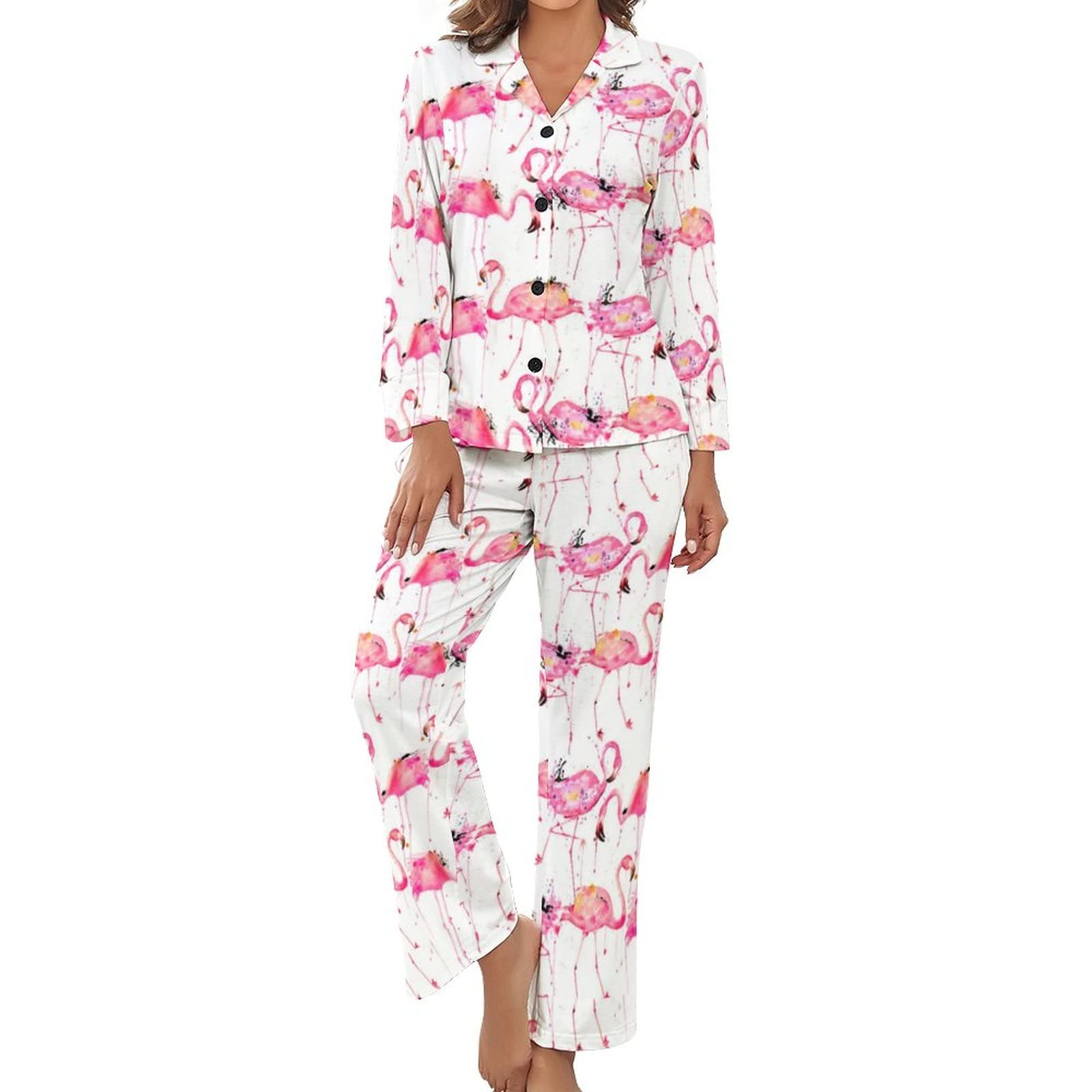 Women's Black Watercolor Flamingos Pajamas Set Long Sleeve Pj Set Button Down Sleepwear Pajamas Loungewear Xl