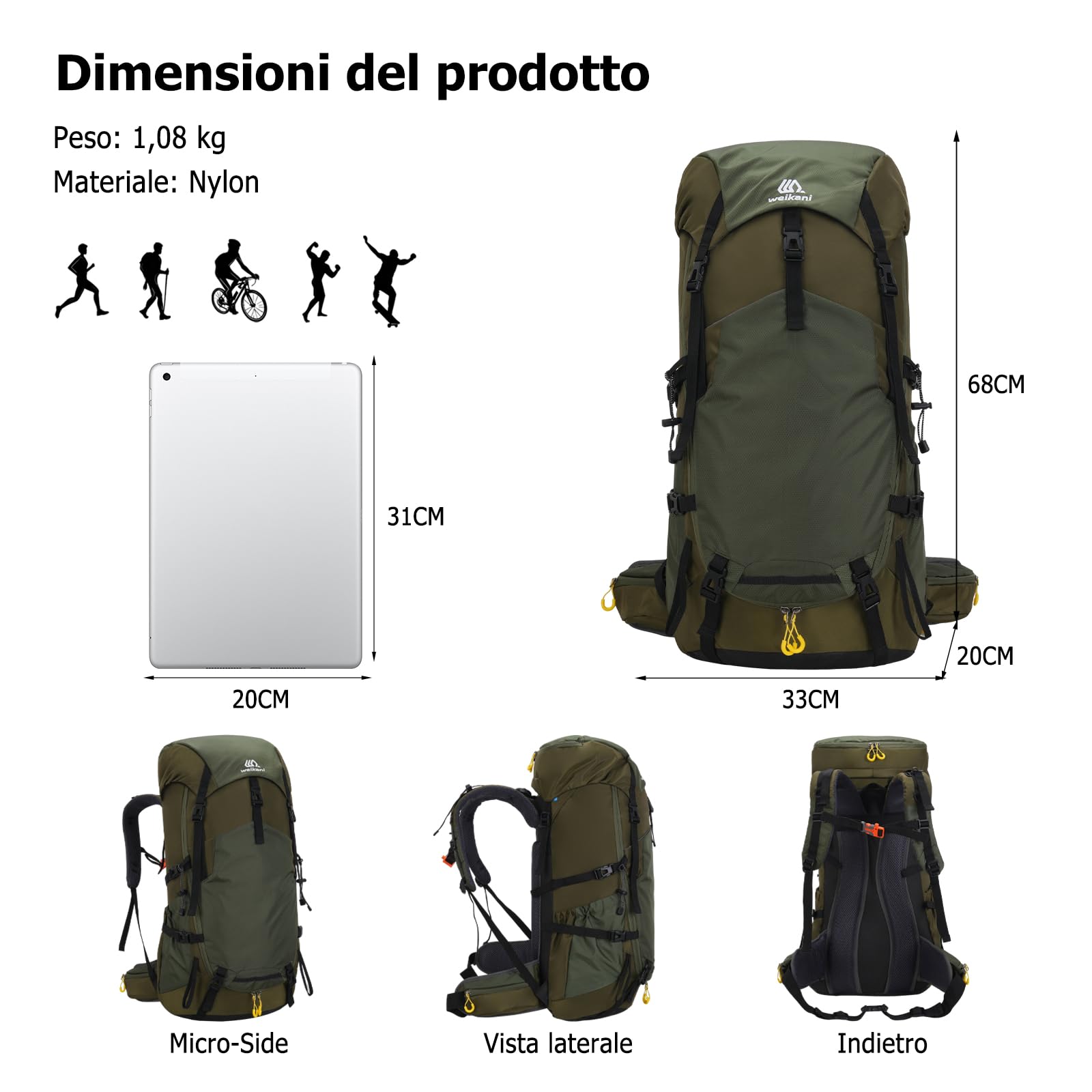 60L Zaino Trekking Zaino Idrorepellente in Nylon Zaini Esterno con Copertura Antipioggia Backpack Viaggio Grande Verde Militare