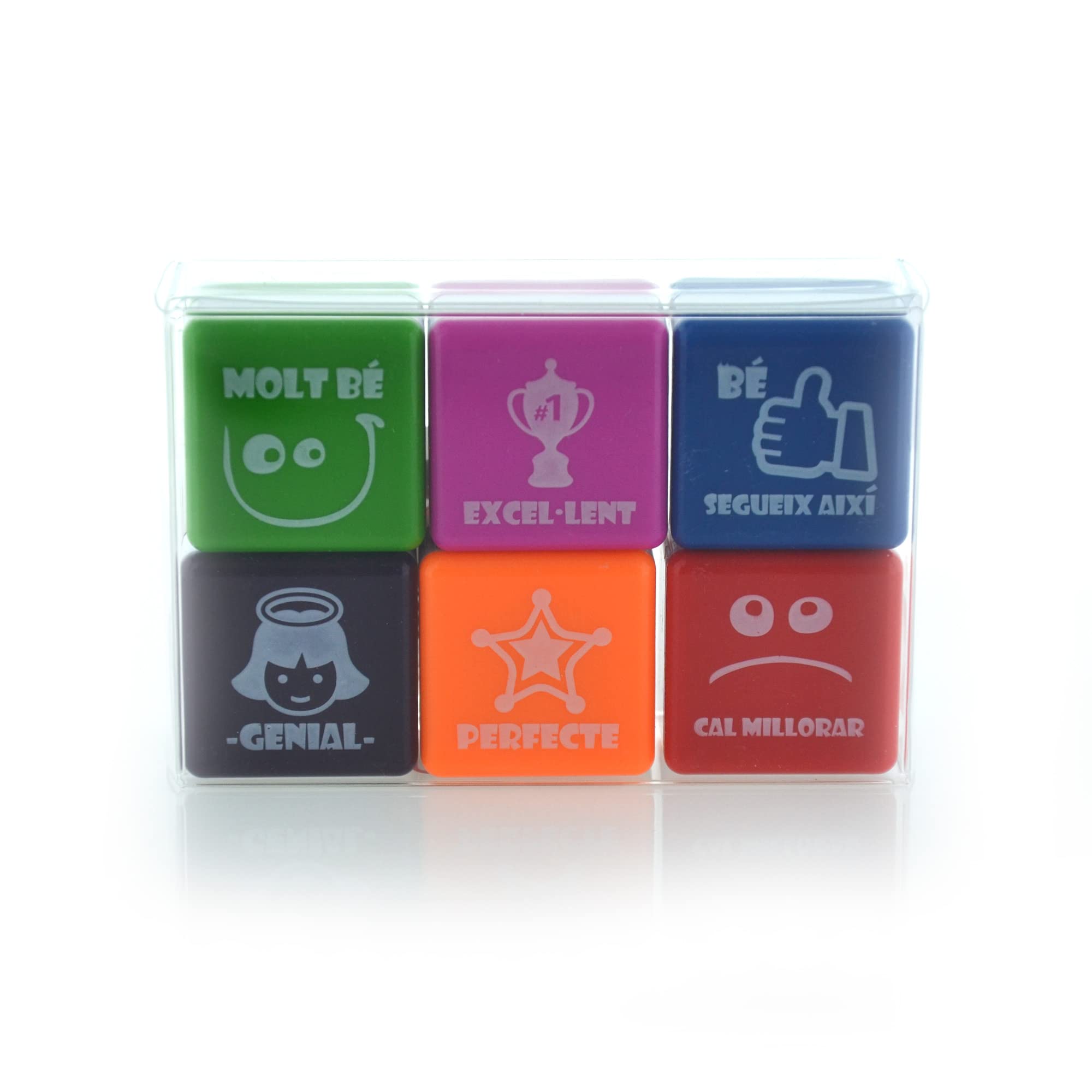 Pack 6 Sellos Escolares - Especial Profesores en 6 Colores y 7 Idiomas - REF.0612 - Hasta 1000 Impresiones por Sellos en caja transparente by Office Box (Catalán/Valenciano)