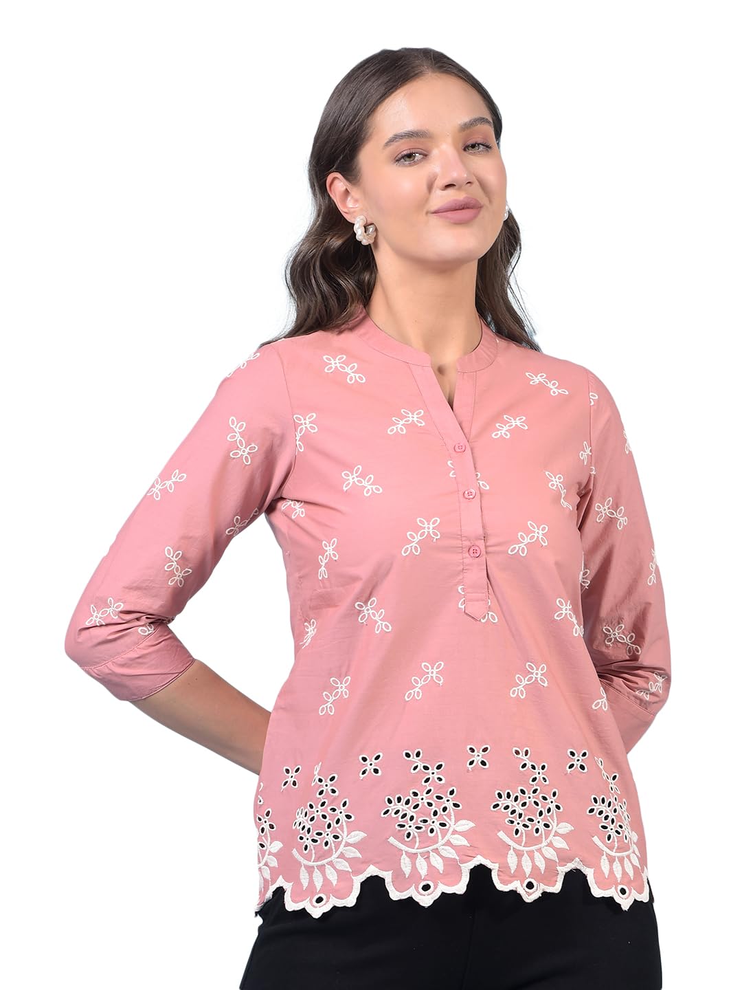 crimsoune club Women's Pink Embroidered 100% Cotton V-Neck Top-picture-14
