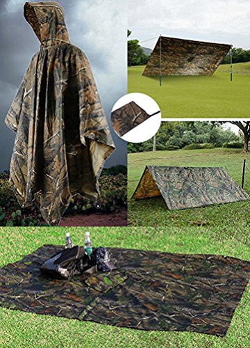 How'on Military Multifunction Camouflage Waterproof Rain Poncho Adults(Gift Emergency Blanket) Army Green One Size #TOP4
