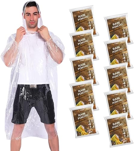 COOY Ponchos de lluvia, con capucha con cordón (paquete de 10) ponchos de lluvia desechables de emergencia para adultos, transparente