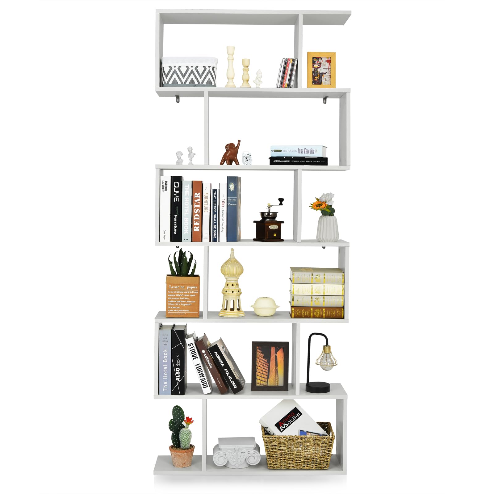 HOMASIS Librería de pie con 6 Niveles, Estantería de Oficina de Madera, Librería Multifuncional de Pared con diseño antivuelco, Estantería de Oficina en Forma de S, 80 x 23 x 191cm (Blanco Puro)