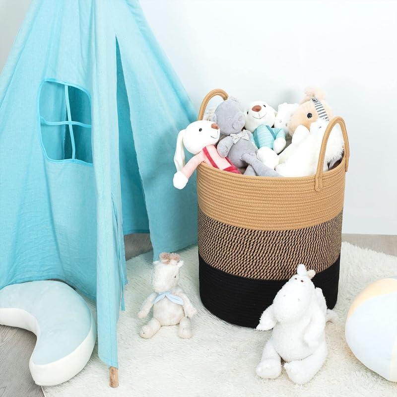 Image of Storage Cotton Rope Basket and Laundry Hamper for Dirty Clothes, Towels, Blankets, Pillows Storage in Living Room, Laundry Room and Bedroom (Beige Black, 15x18 Inch)