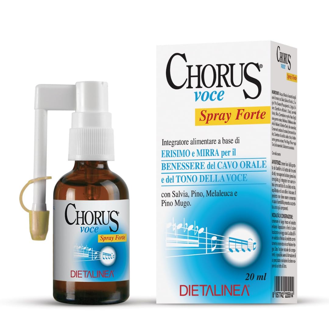 Dietalinea Chorus Voce Spray Gola Forte 20 ml | Spray gola antinfiammatorio forte per Voce e Mal di Gola | Con Erisimo, Mirra, Salvia, Pino, Miele | Per Cantanti, Insegnanti, Attori | Naturale